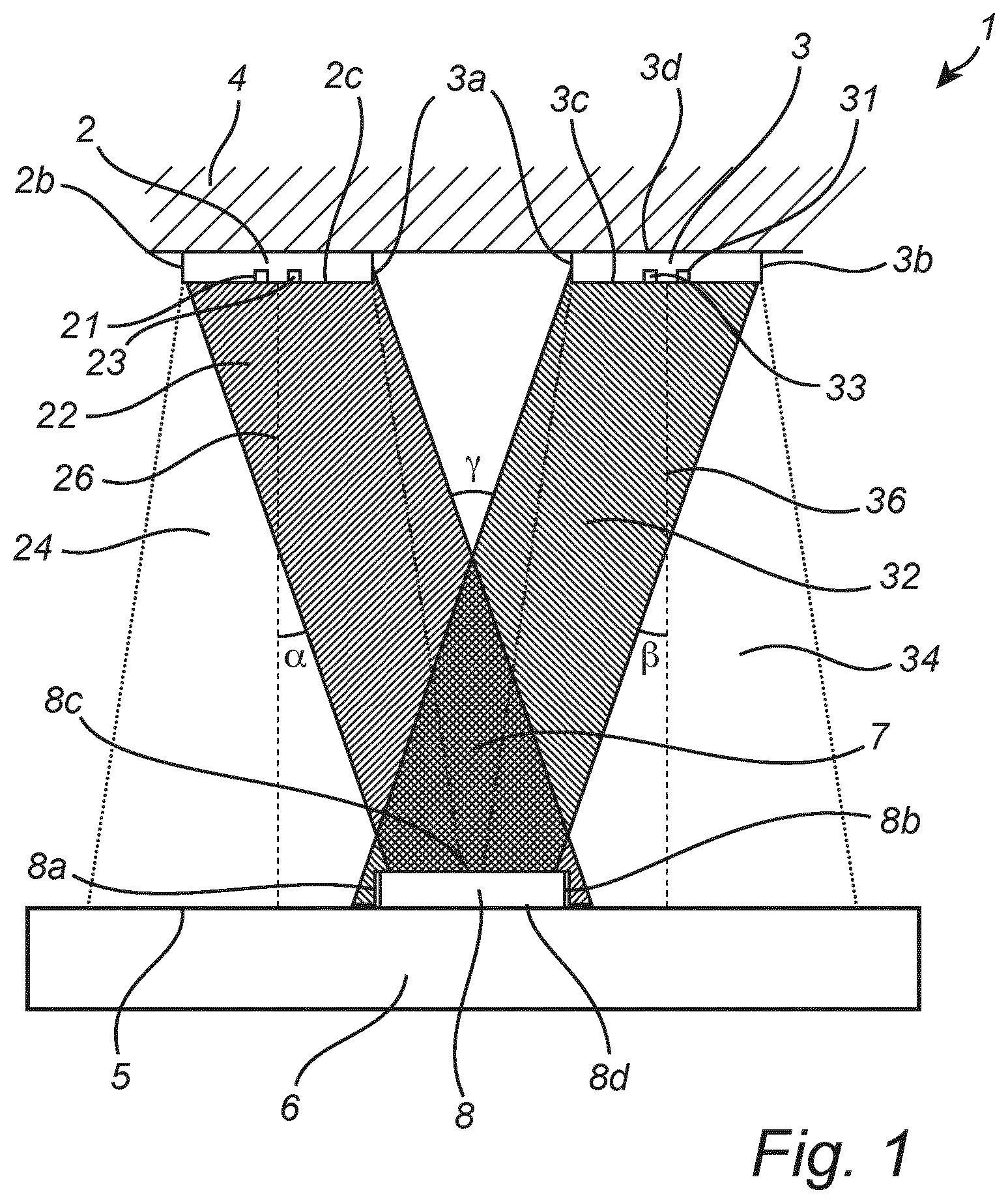 Patent US12508335 Figure 1 – Light emitting system for disinfecting a target area