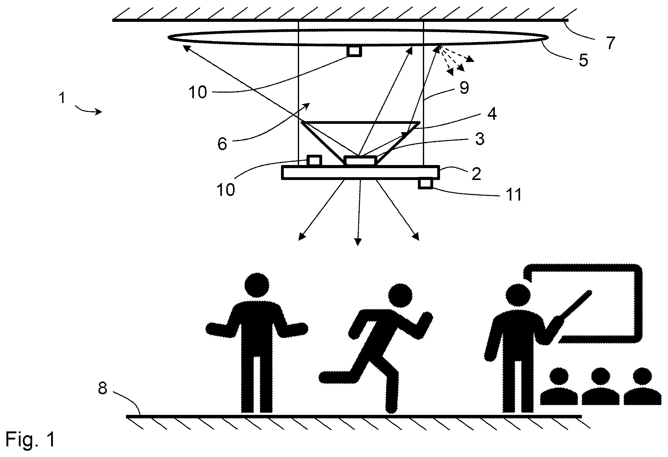 Patent US12508340 Figure 1 – Lighting device for disinfecting air in an environment