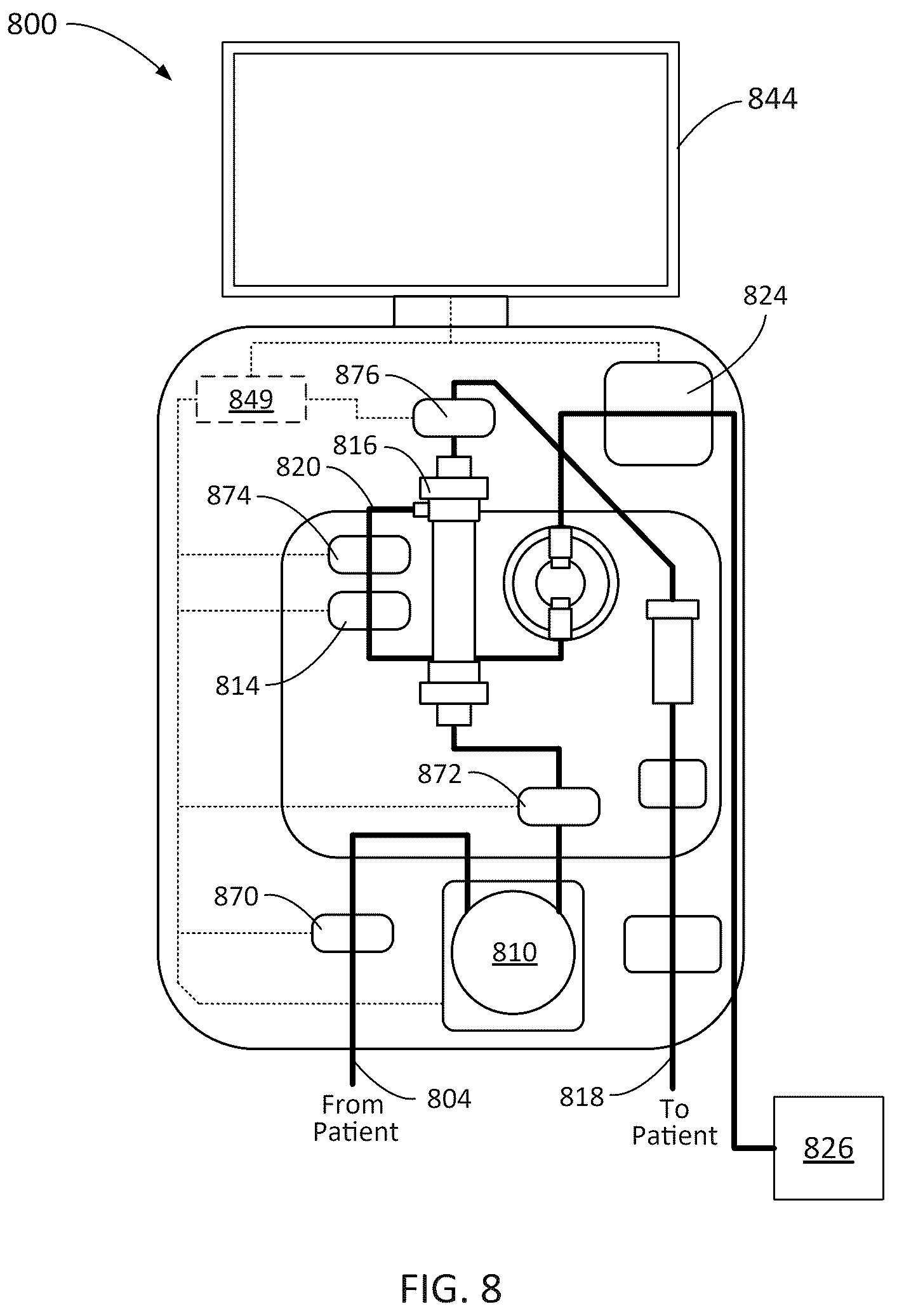Patent US12508351 Figure 8 – Extracorporeal blood filtering machine and methods