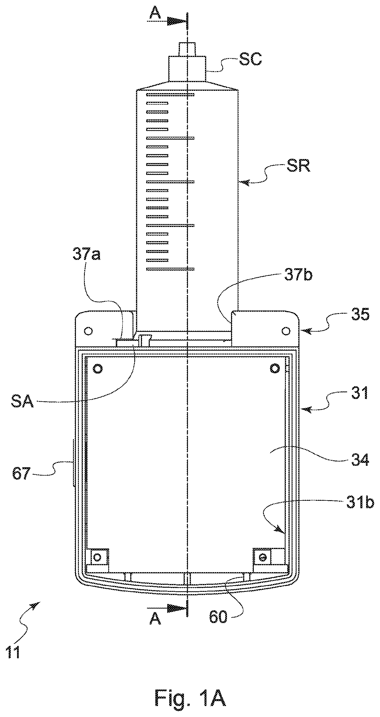 Patent US12508359 Figure 1 – Portable pump for drug infusion through a syringe removably engaged in the pump