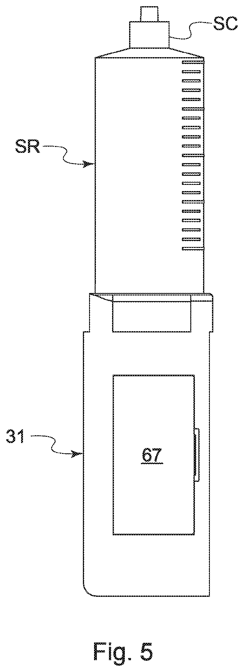 Patent US12508359 Figure 5 – Portable pump for drug infusion through a syringe removably engaged in the pump