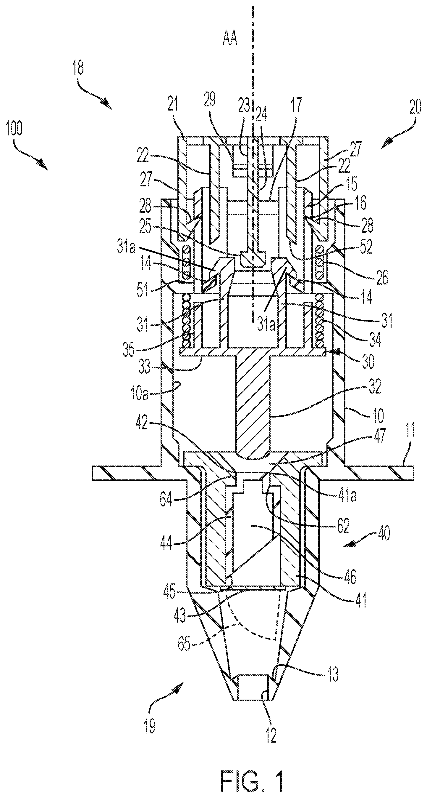 Patent US12508377 Figure 1 – Nasal delivery device with trigger and spring-loaded activator