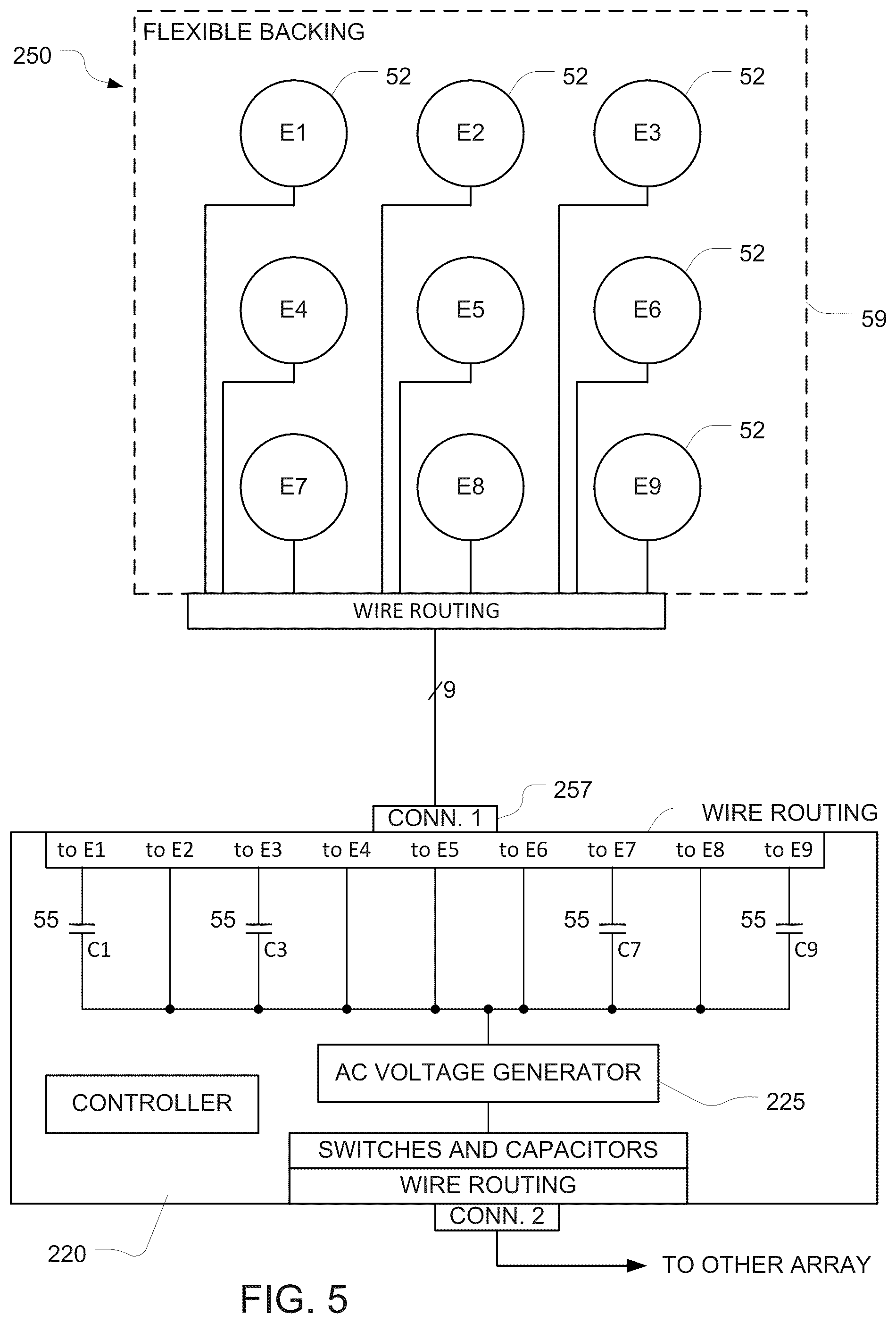 Patent US12508437 Figure 5 – Using capacitors to regulate current in transducer arrays for applying tumor treating fields (TTFields)