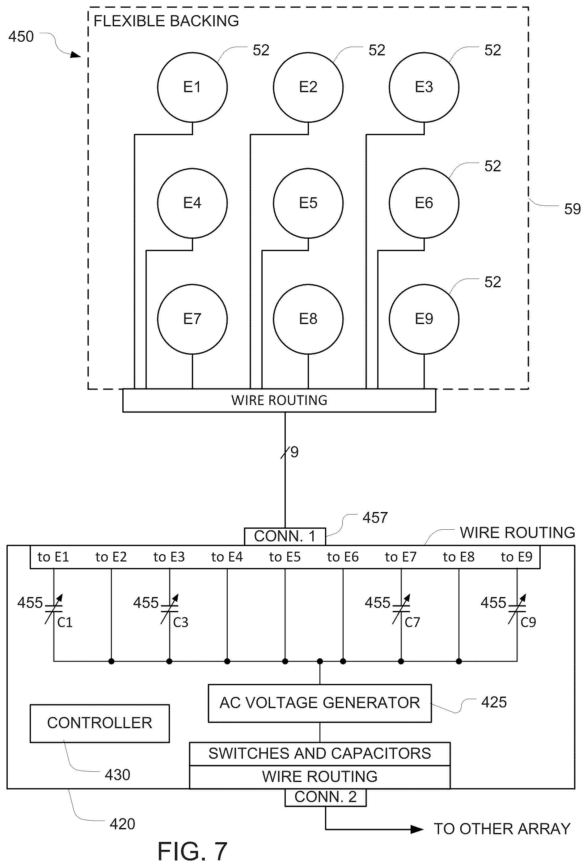 Patent US12508437 Figure 7 – Using capacitors to regulate current in transducer arrays for applying tumor treating fields (TTFields)