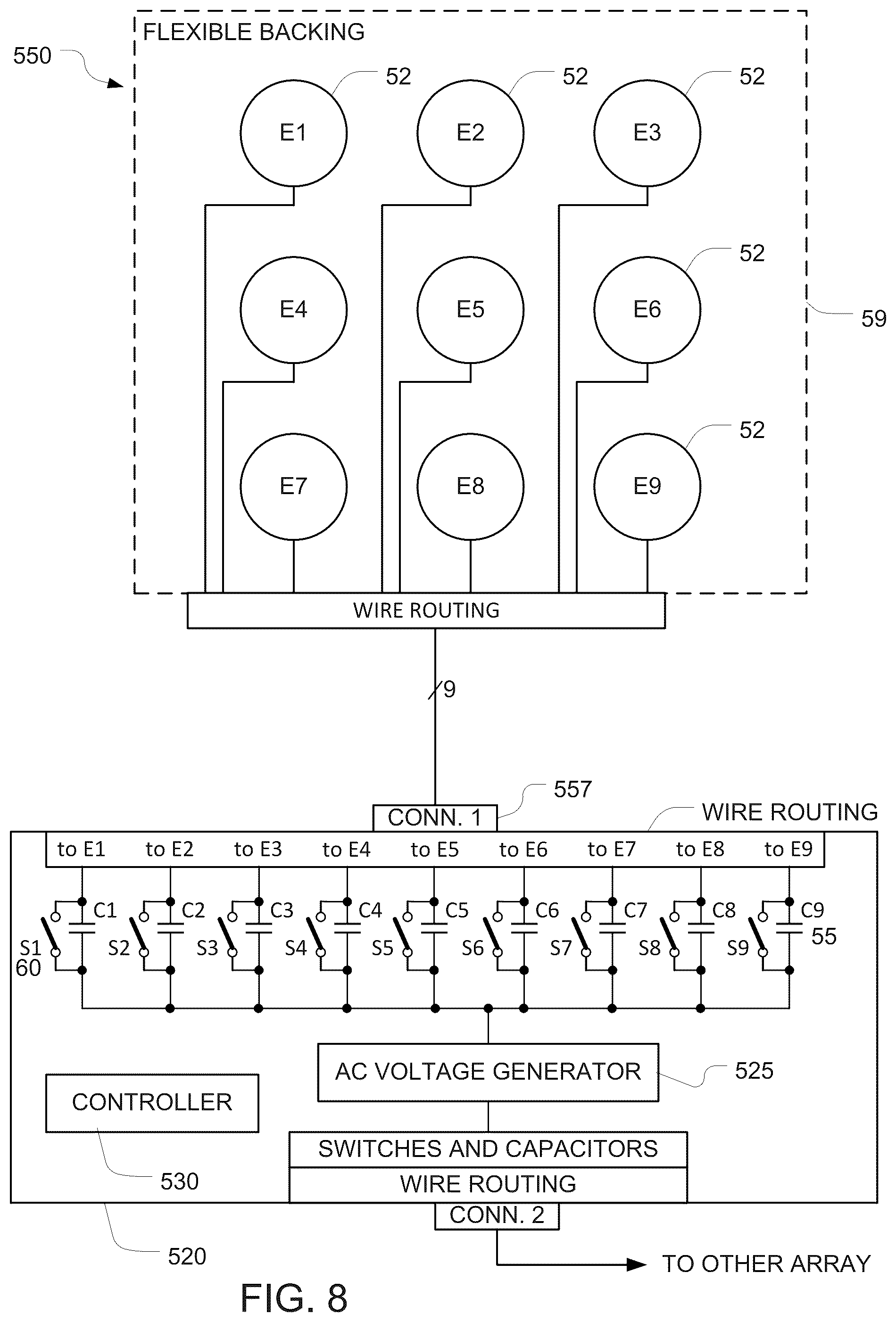 Patent US12508437 Figure 8 – Using capacitors to regulate current in transducer arrays for applying tumor treating fields (TTFields)