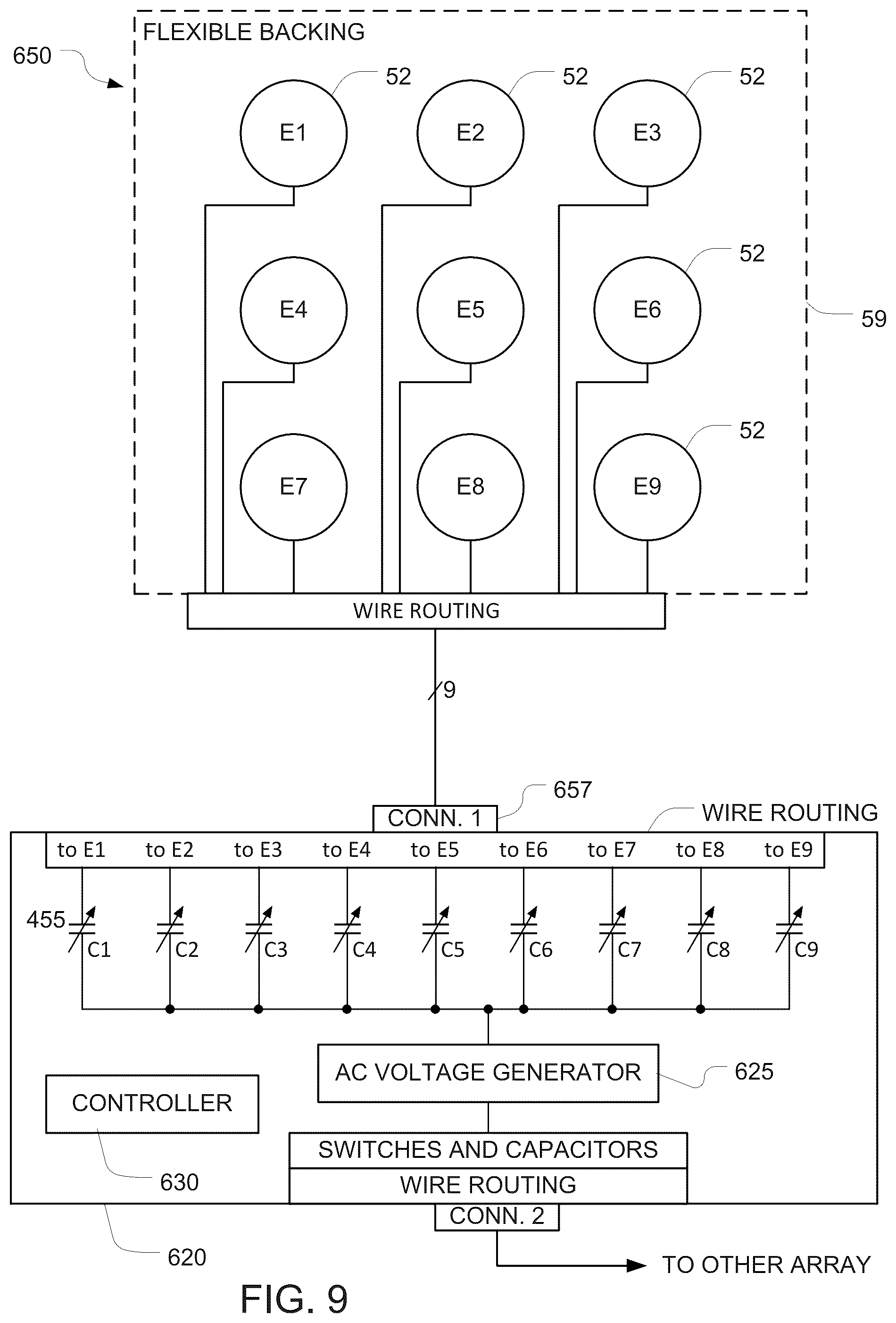 Patent US12508437 Figure 9 – Using capacitors to regulate current in transducer arrays for applying tumor treating fields (TTFields)