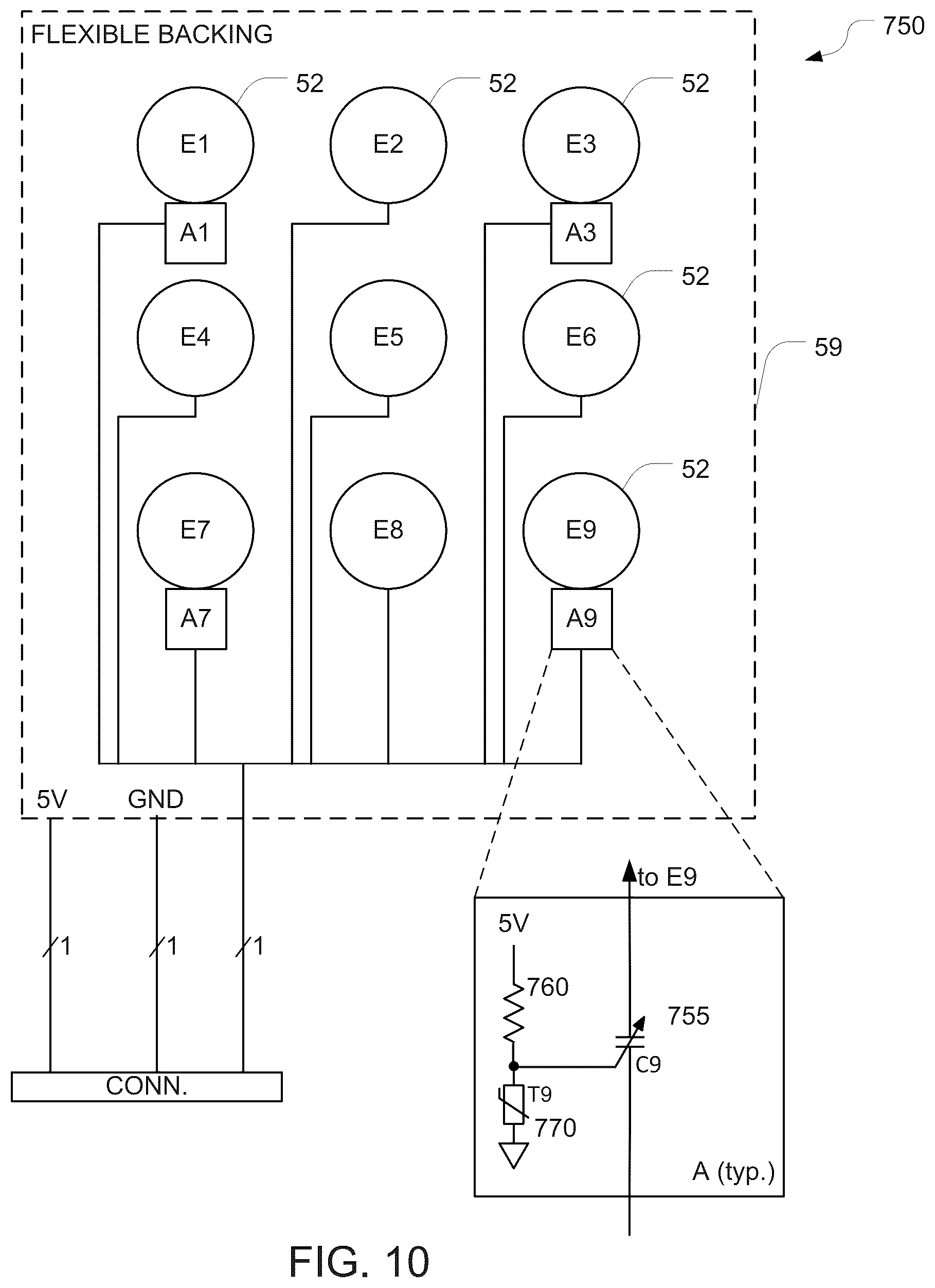 Patent US12508437 Figure 10 – Using capacitors to regulate current in transducer arrays for applying tumor treating fields (TTFields)