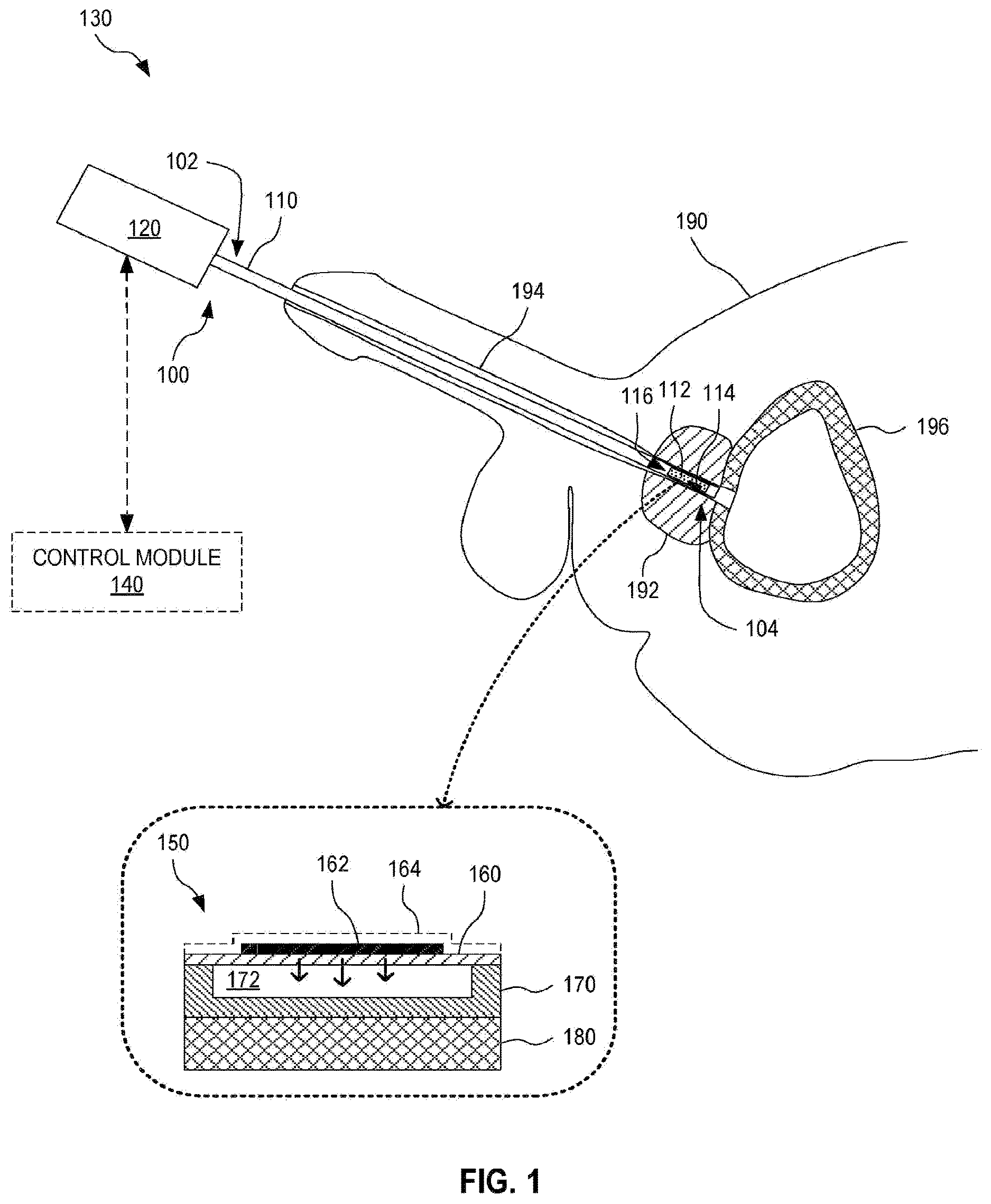 Patent US12508448 Figure 1 – Medical device with CMUT array and solid state cooling, and associated methods and systems