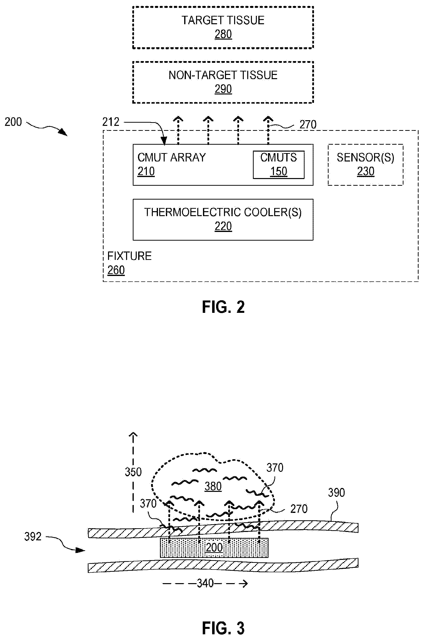 Patent US12508448 Figure 2 – Medical device with CMUT array and solid state cooling, and associated methods and systems
