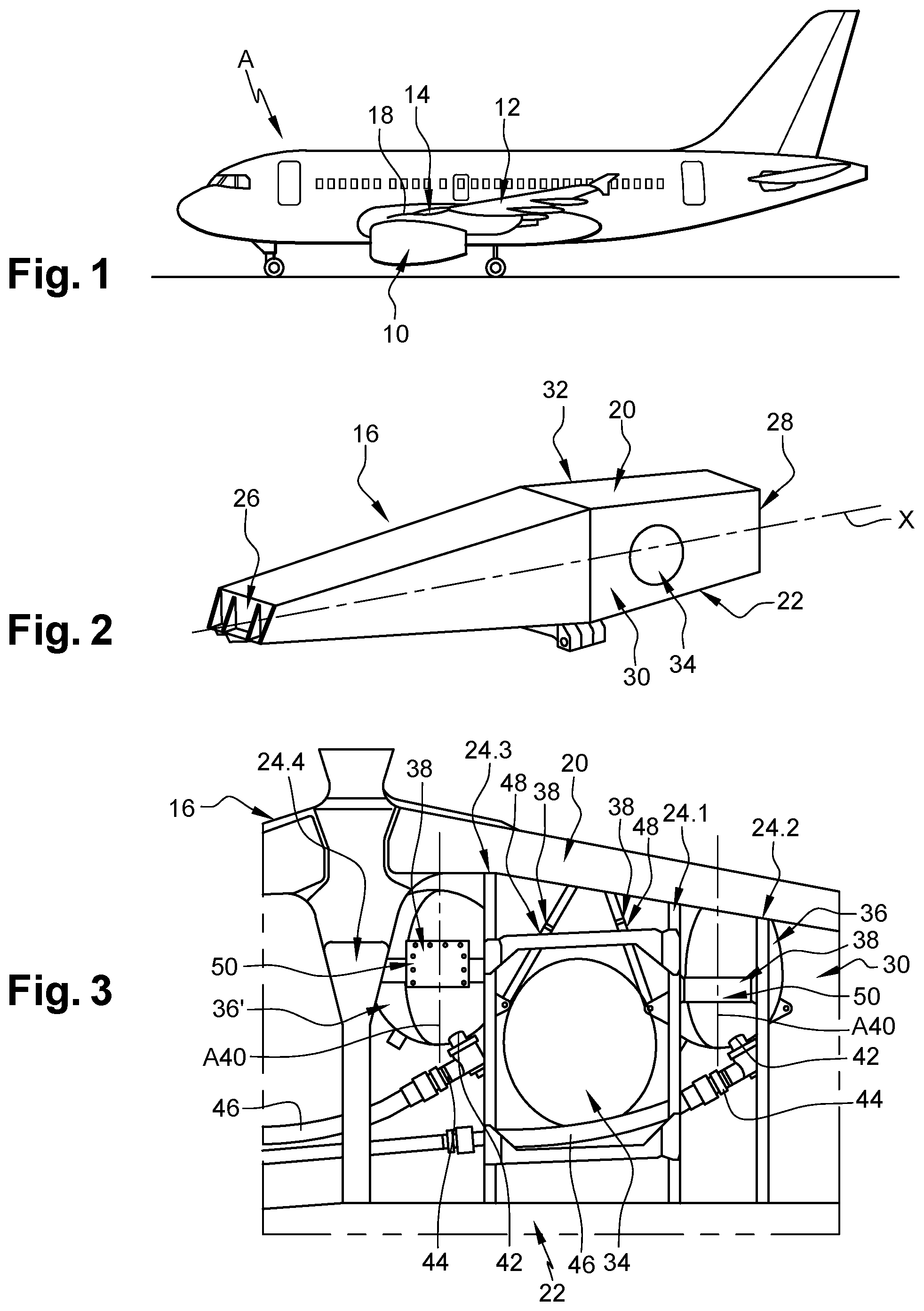 Patent US12508454 Figure 1 – Aircraft pylon equipped with a guidance system for mounting or dismounting a tank and method of mounting/dismounting said tank