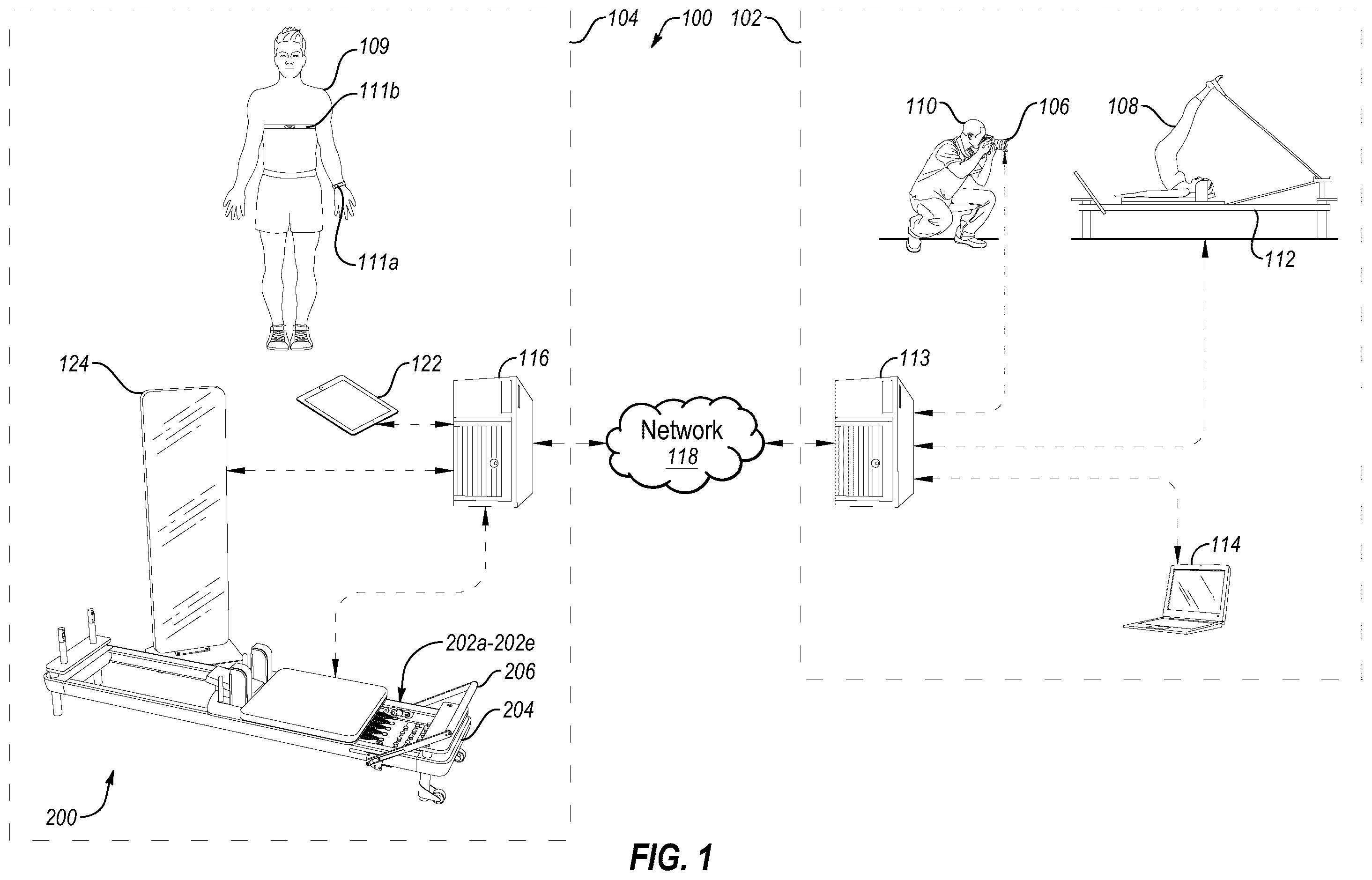Patent US12508459 Figure 1 – Motorized Pilates reformer system