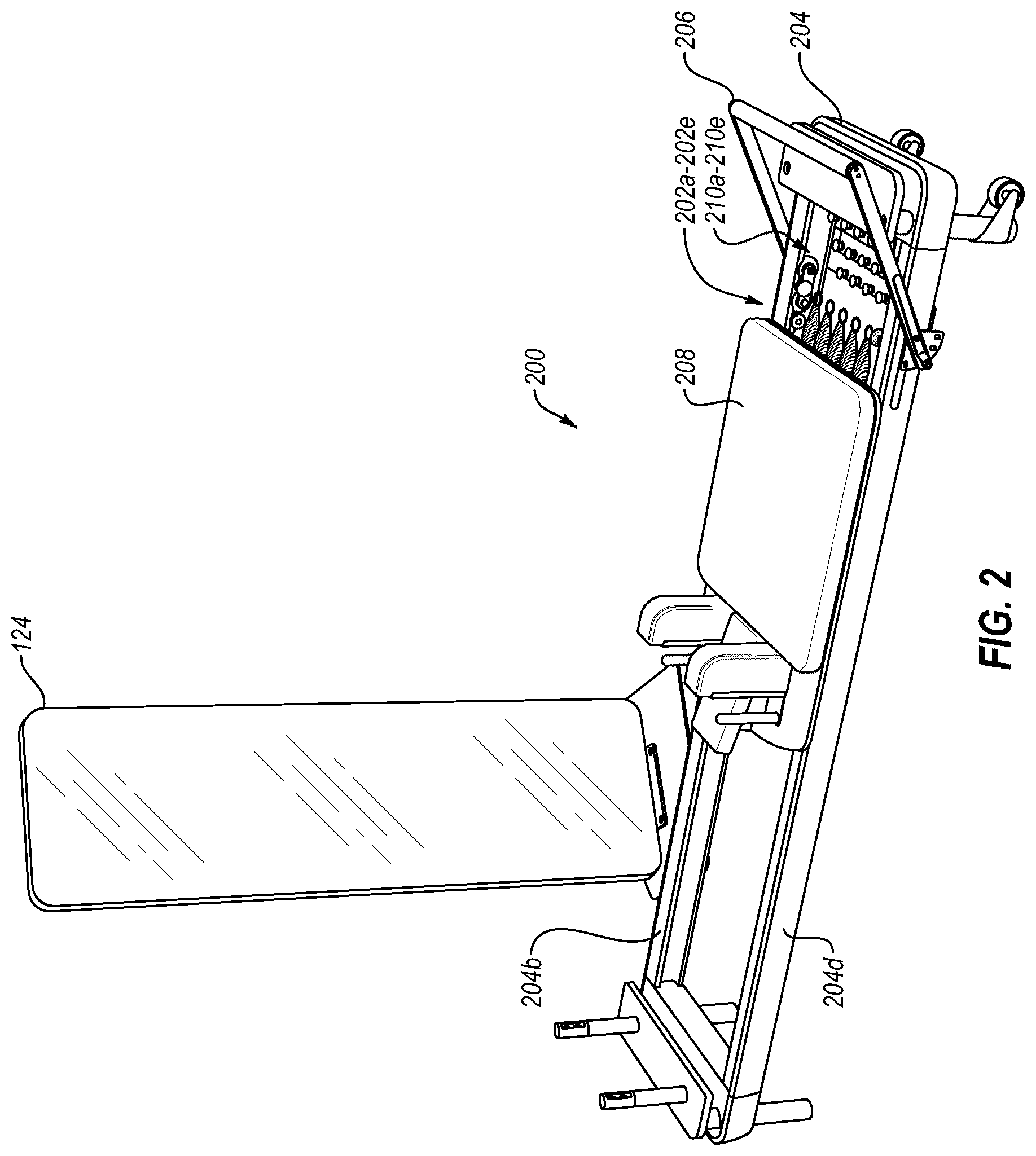 Patent US12508459 Figure 2 – Motorized Pilates reformer system
