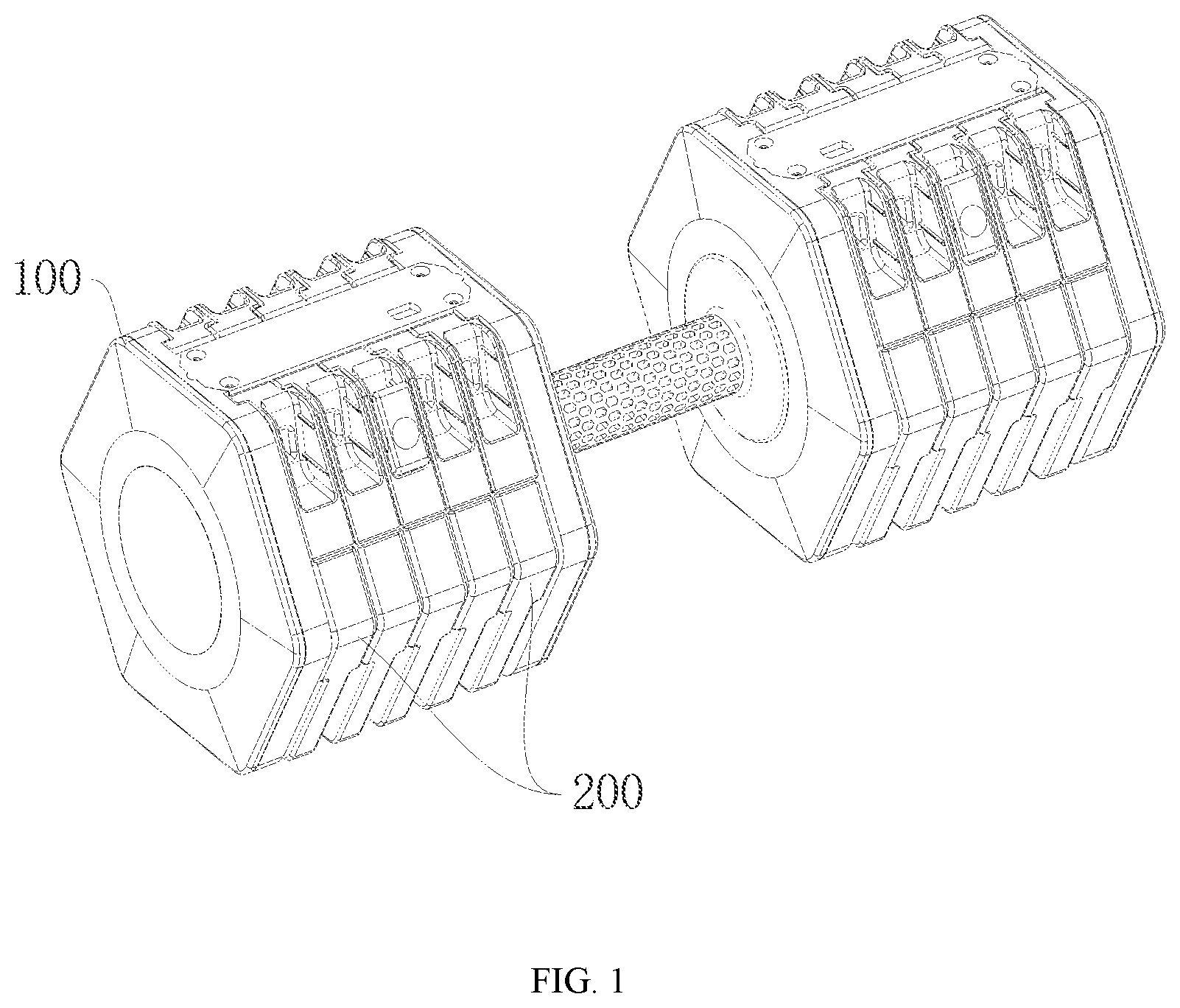 Patent US12508463 Figure 1 – Dumbbell capable of adjusting weight rapidly, and dumbbell assembly