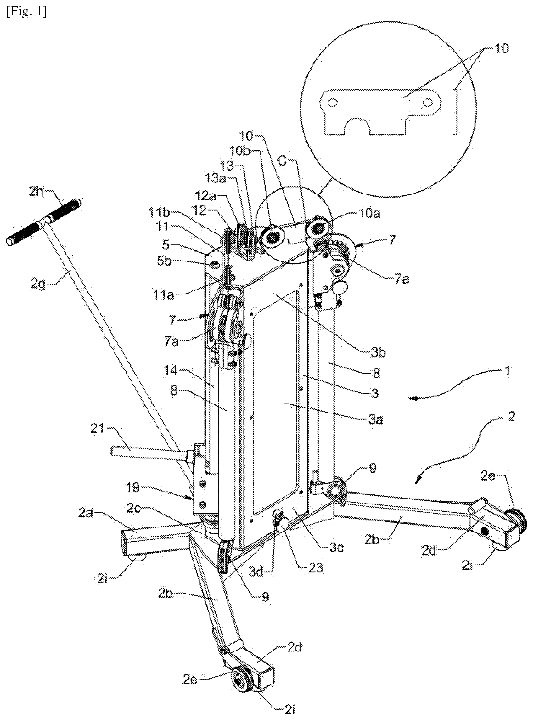 Patent US12508467 Figure 1 – Apparatus for the practice of physical exercises with a cable stretch variation system