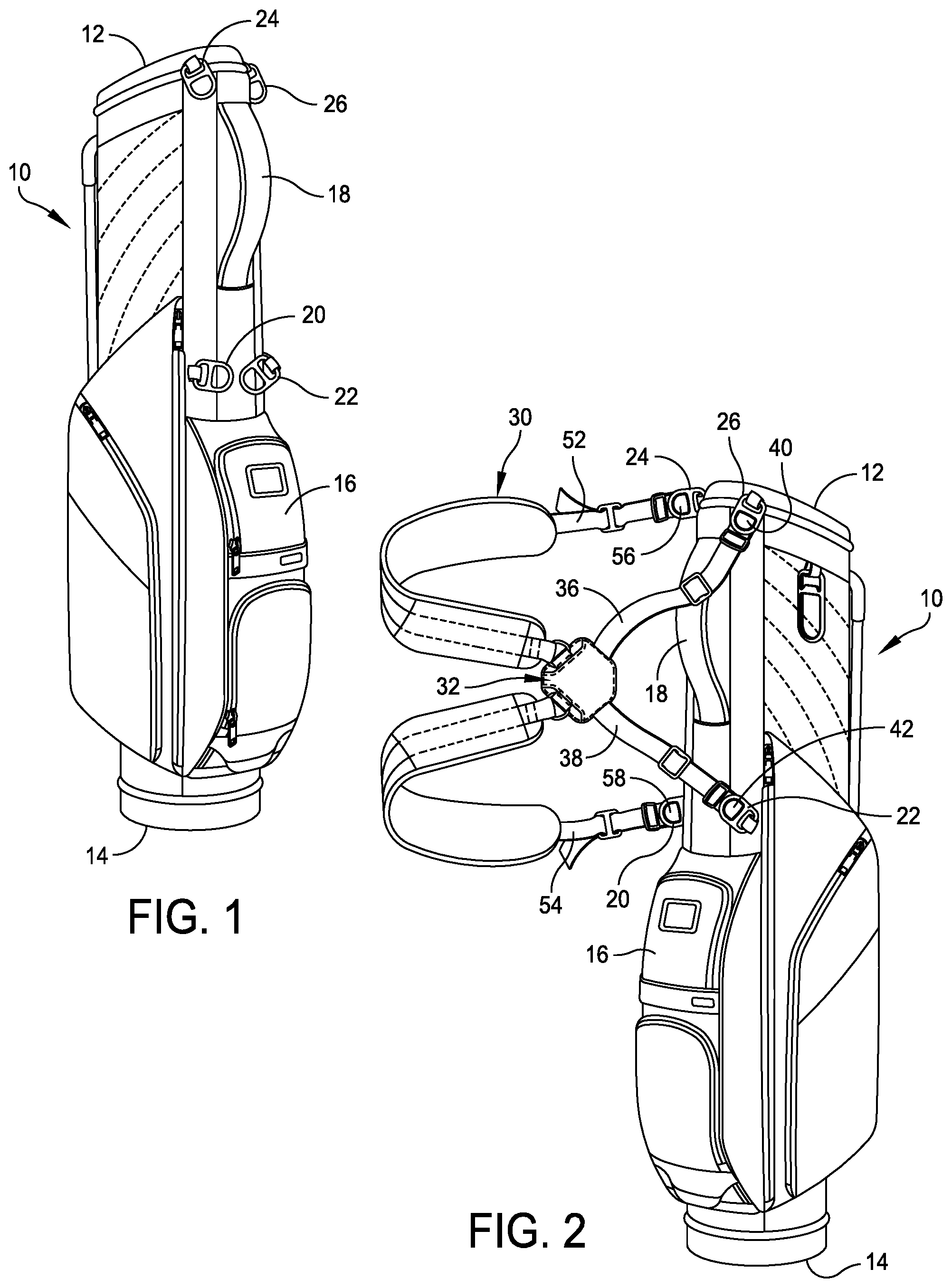 Patent US12508483 Figure 1 – Golf bag shoulder strap system