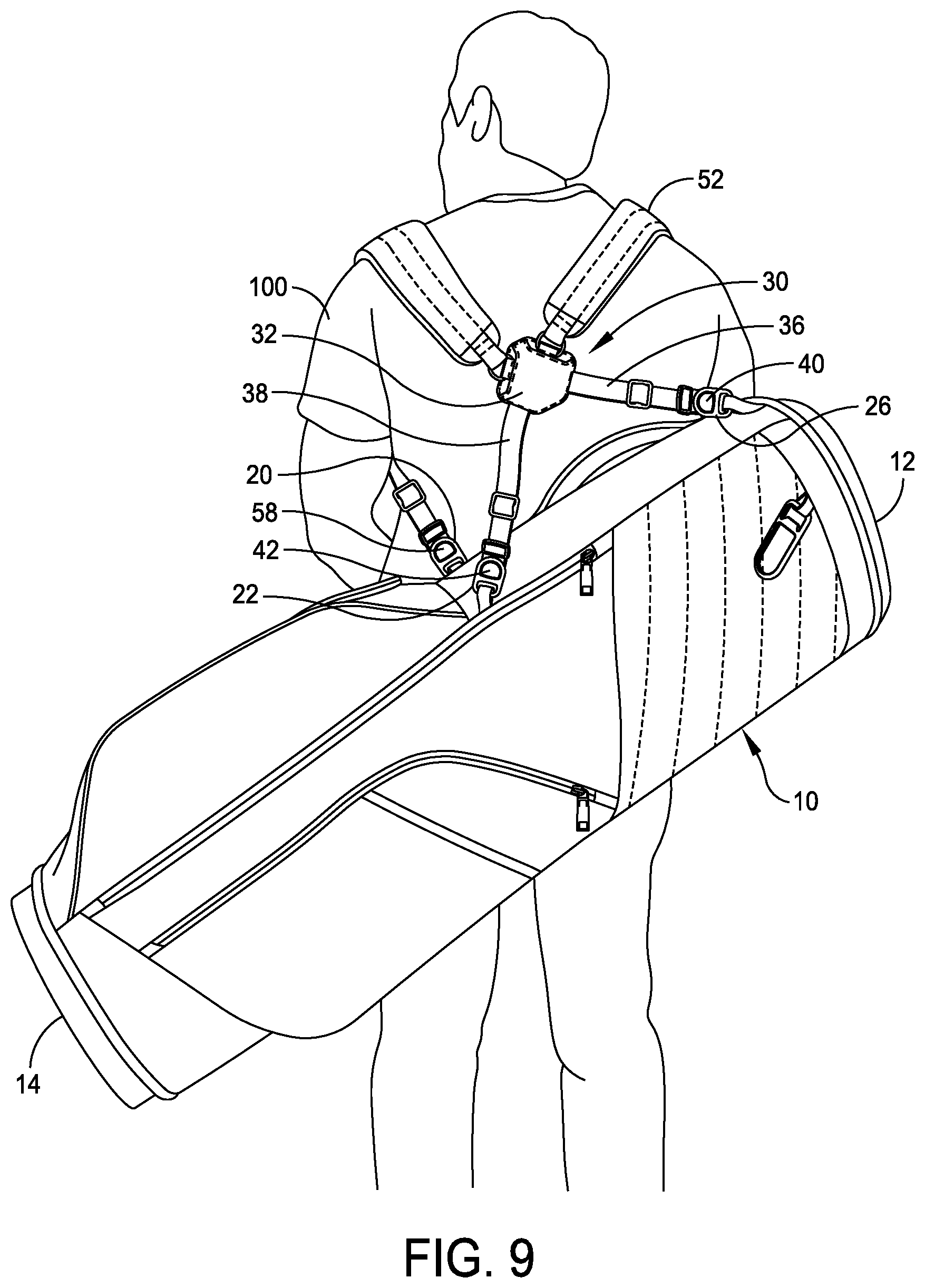 Patent US12508483 Figure 5 – Golf bag shoulder strap system