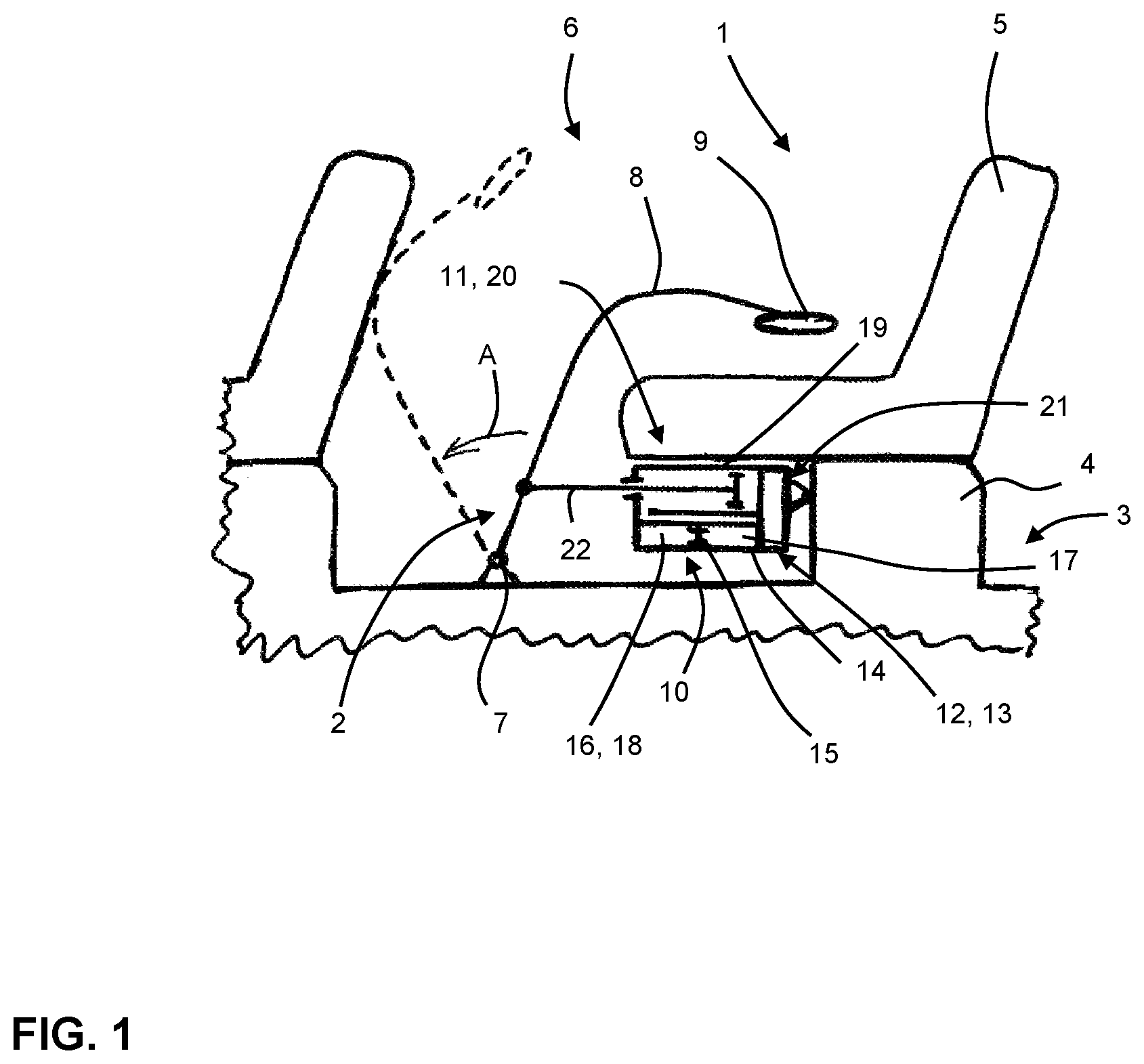 Patent US12508516 Figure 1 – Locking unit for a passenger restraint device, amusement ride passenger unit comprising a passenger restraint device and a locking unit, and method for functional testing of a locking unit