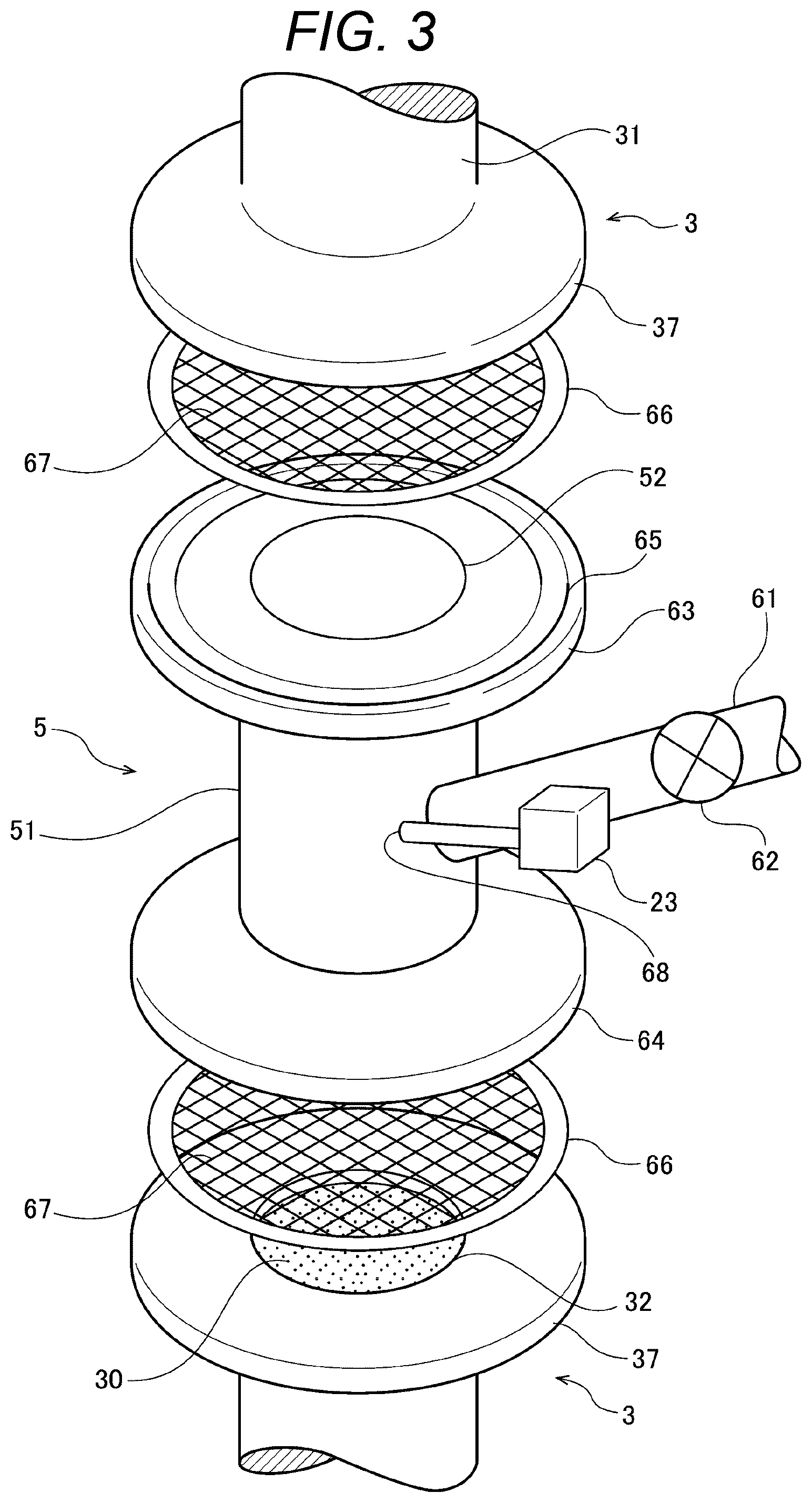 Patent US12508567 Figure 3 – Flow member and reaction vessel