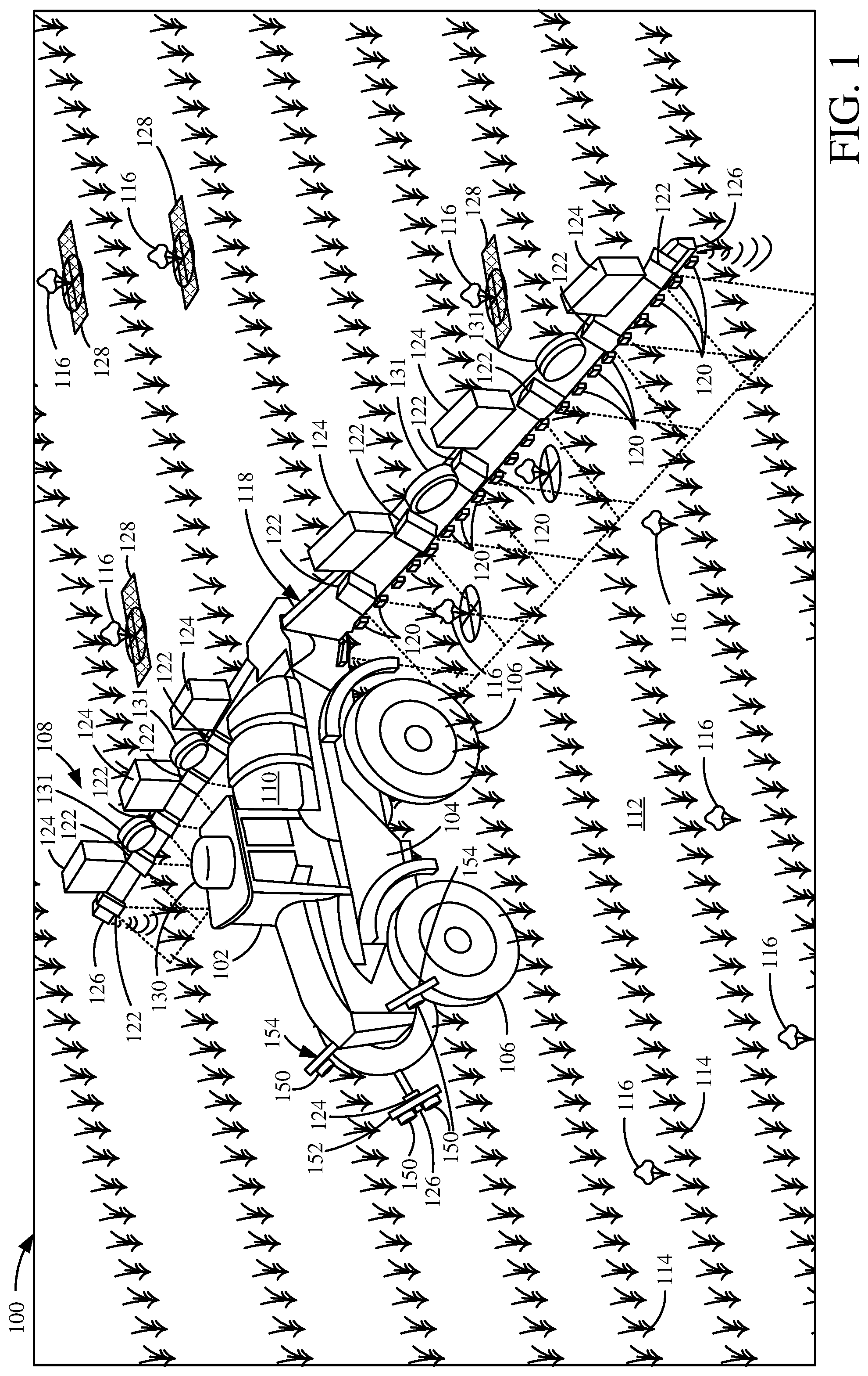Patent US12508615 Figure 1 – Front-mount cameras on agricultural sprayer with real-time, on-machine target sensor