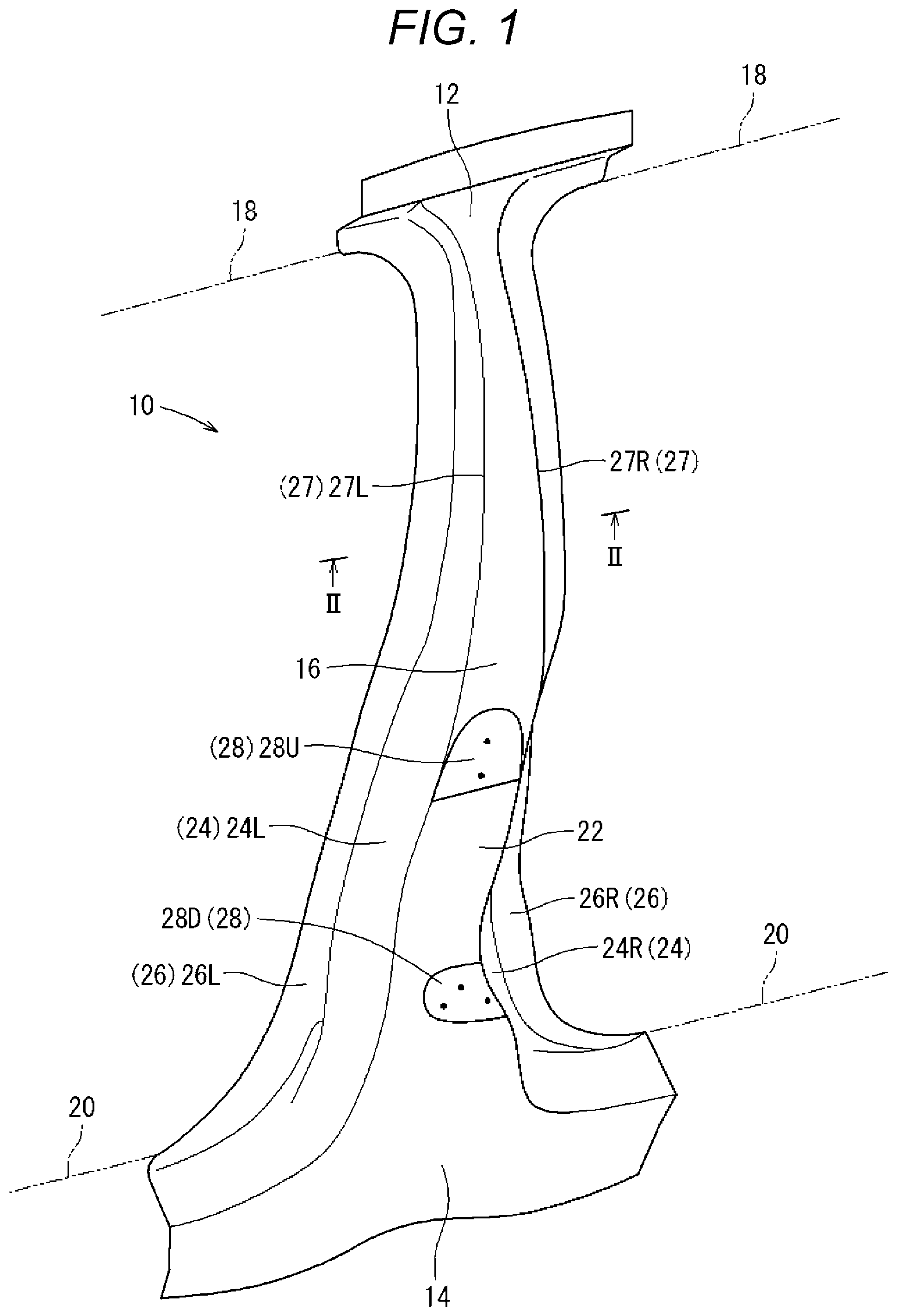 Patent US12508644 — Vehicle center pillar member and method for manufacturing same — Figure 1