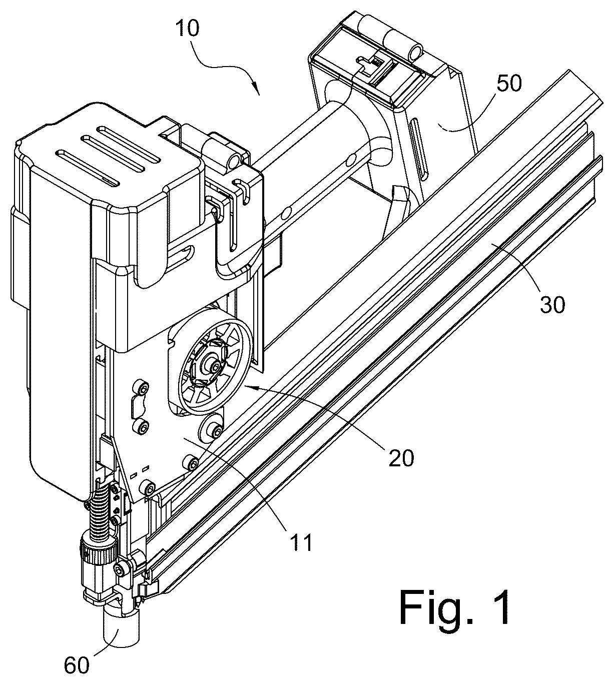 Patent US12508699 Figure 1 – Rotary drive assembly of an electric nail gun