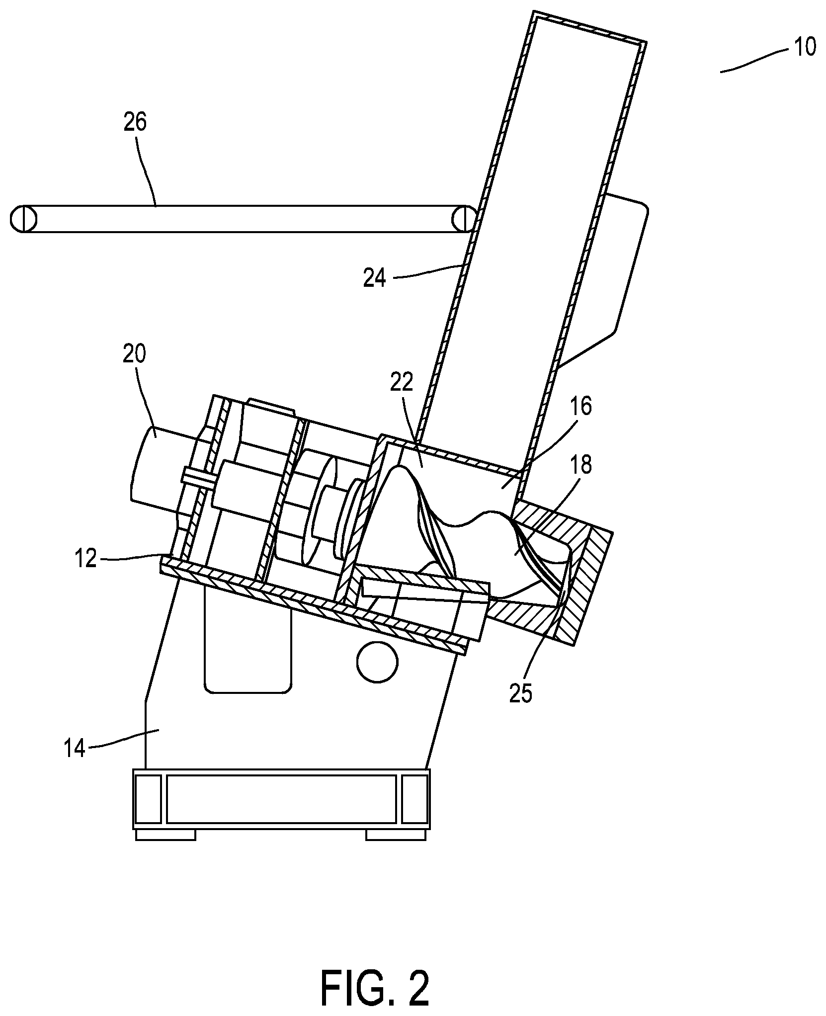 Patent US12508742 Figure 2 – Mixing and extrusion machine with self-cleaning twin screw and method of use