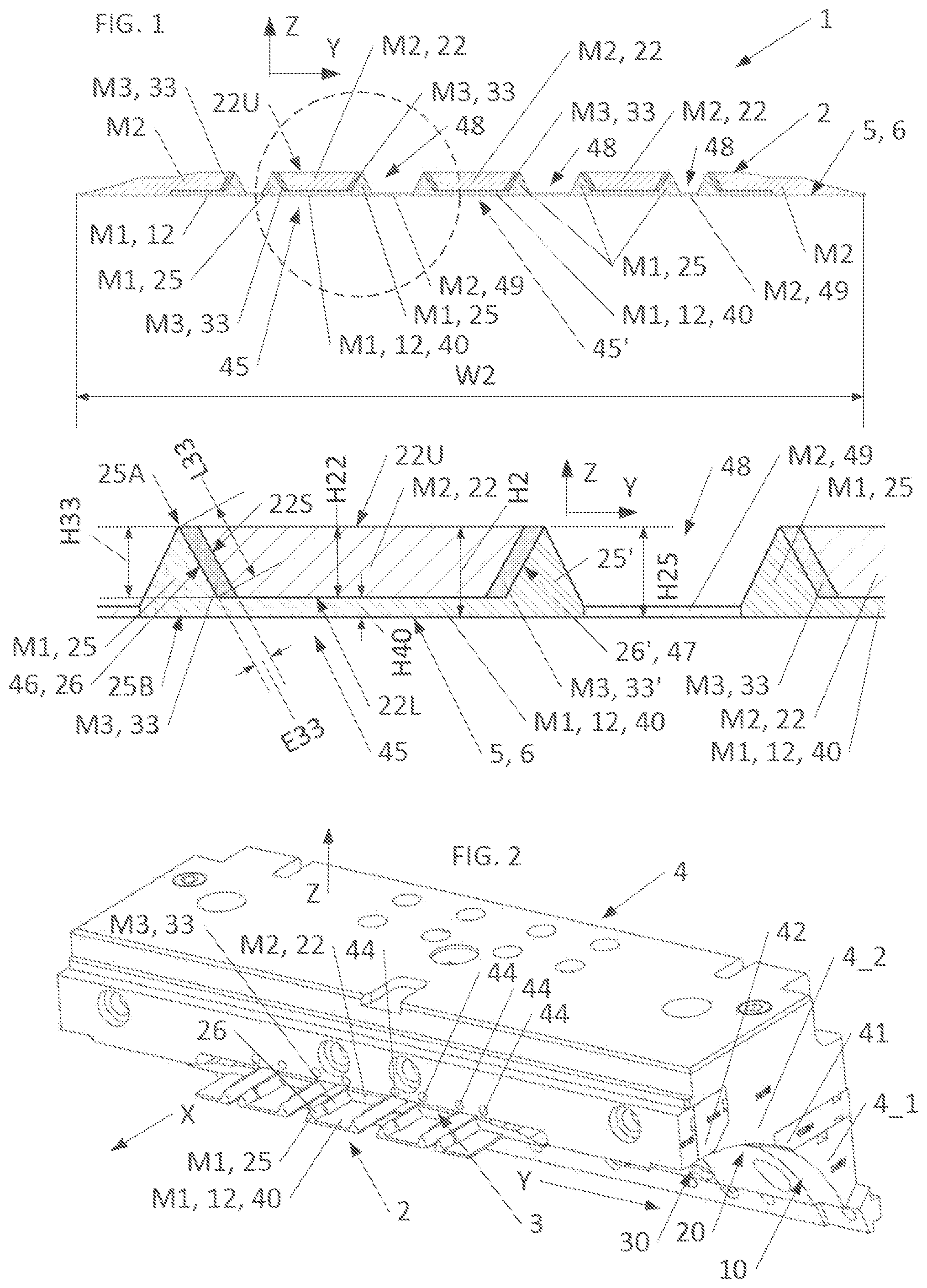 Patent US12508762 — Process for manufacturing a tread by coextrusion with integration of a decoupling interface between tread pattern blocks and reinforcing wedges — Figure 1