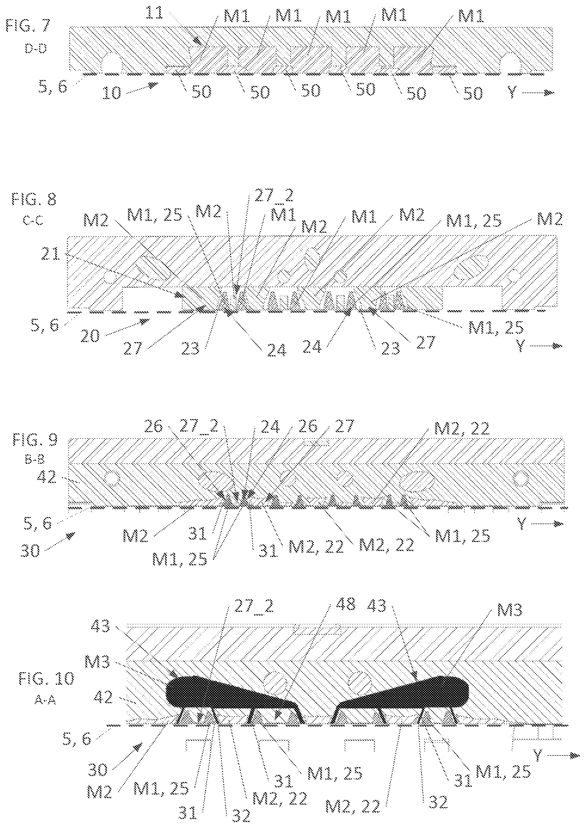 Patent US12508762 Figure 4 – Process for manufacturing a tread by coextrusion with integration of a decoupling interface between tread pattern blocks and reinforcing wedges