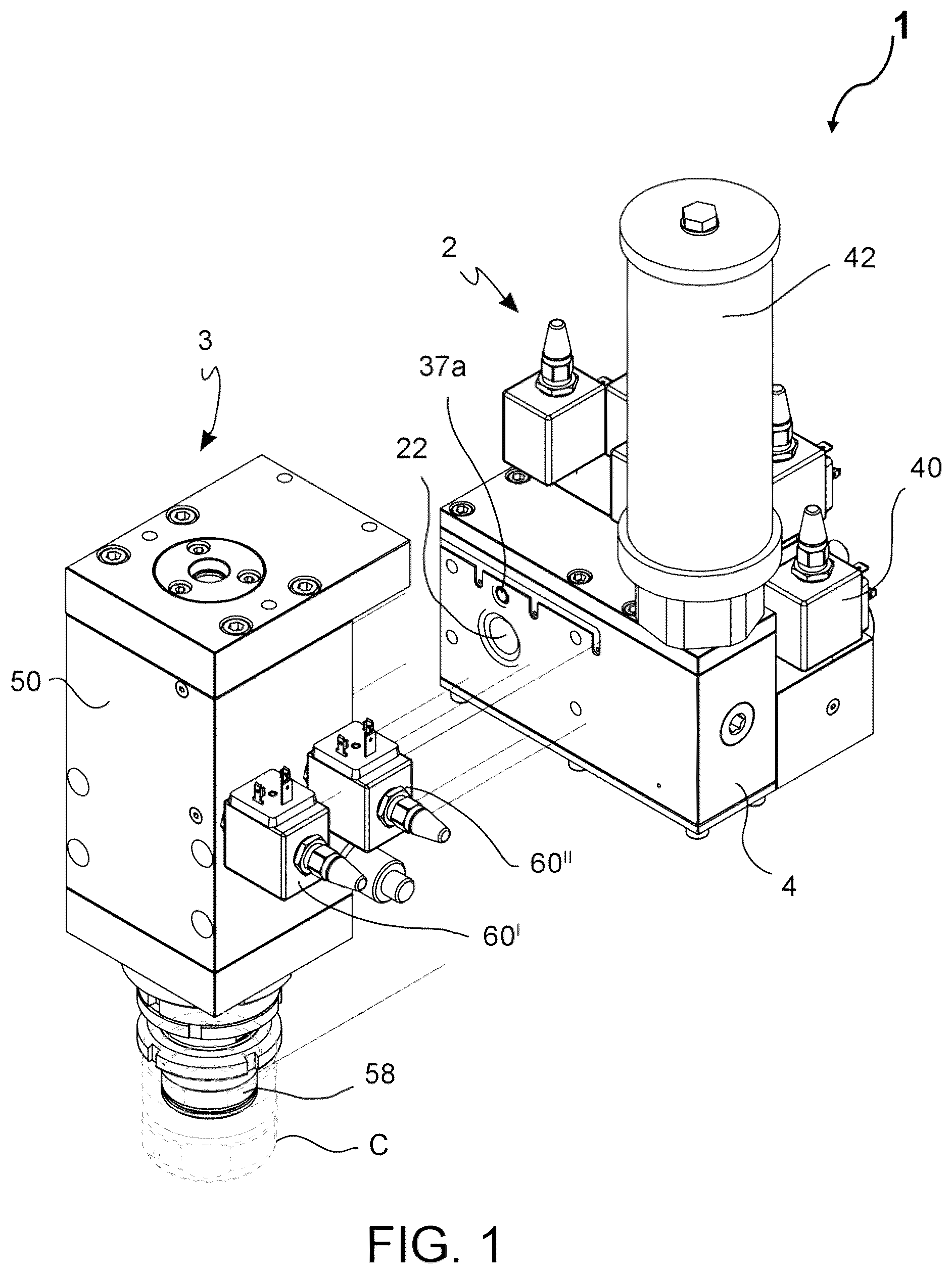 Patent US12508764 Figure 1 – Valve assembly for blowing or draw-blowing bottles made of polymer material