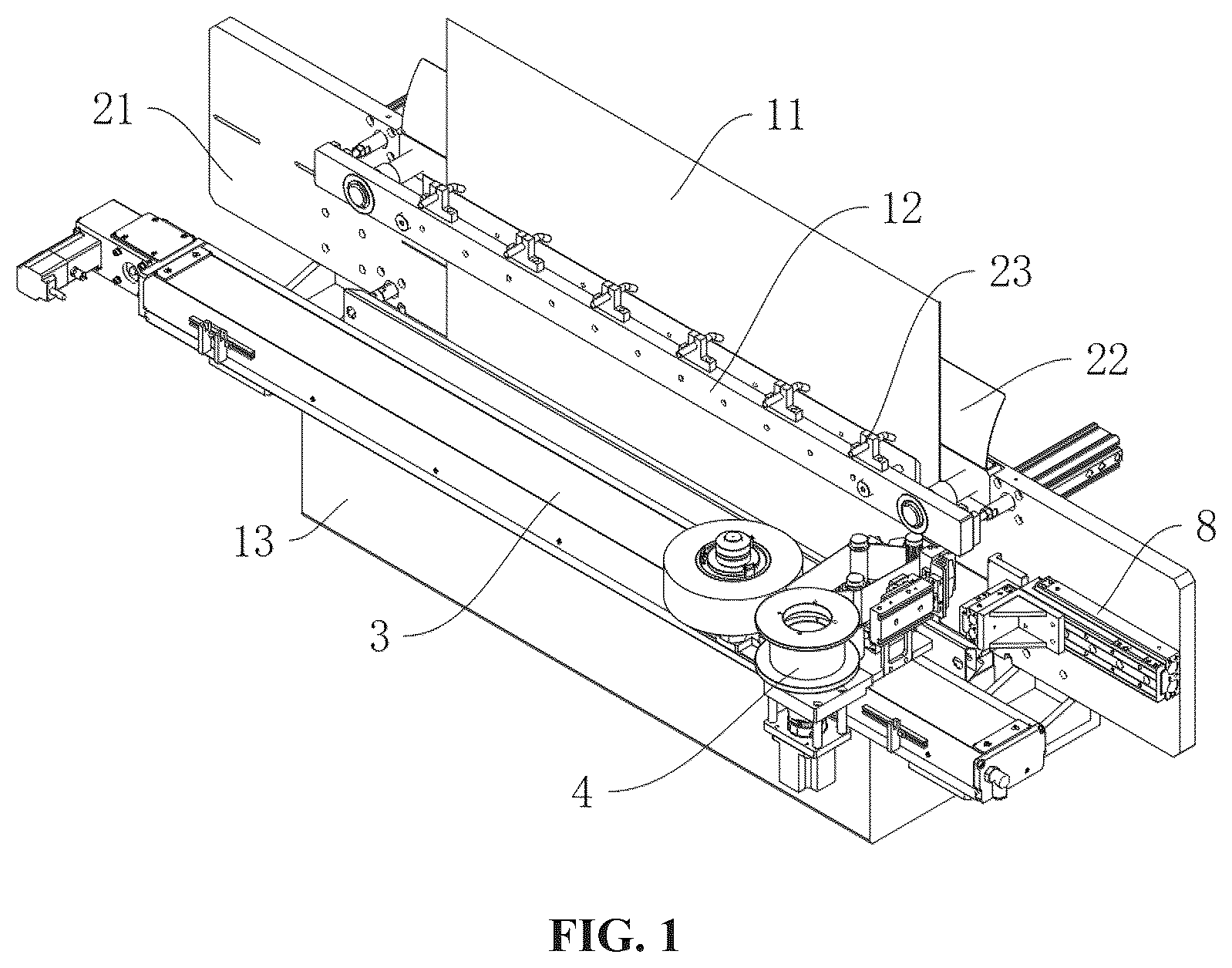 Patent US12508777 Figure 1 – Tape pasting mechanism with multiple functions of clutch-type synchronous punching, tape pasting and cutting