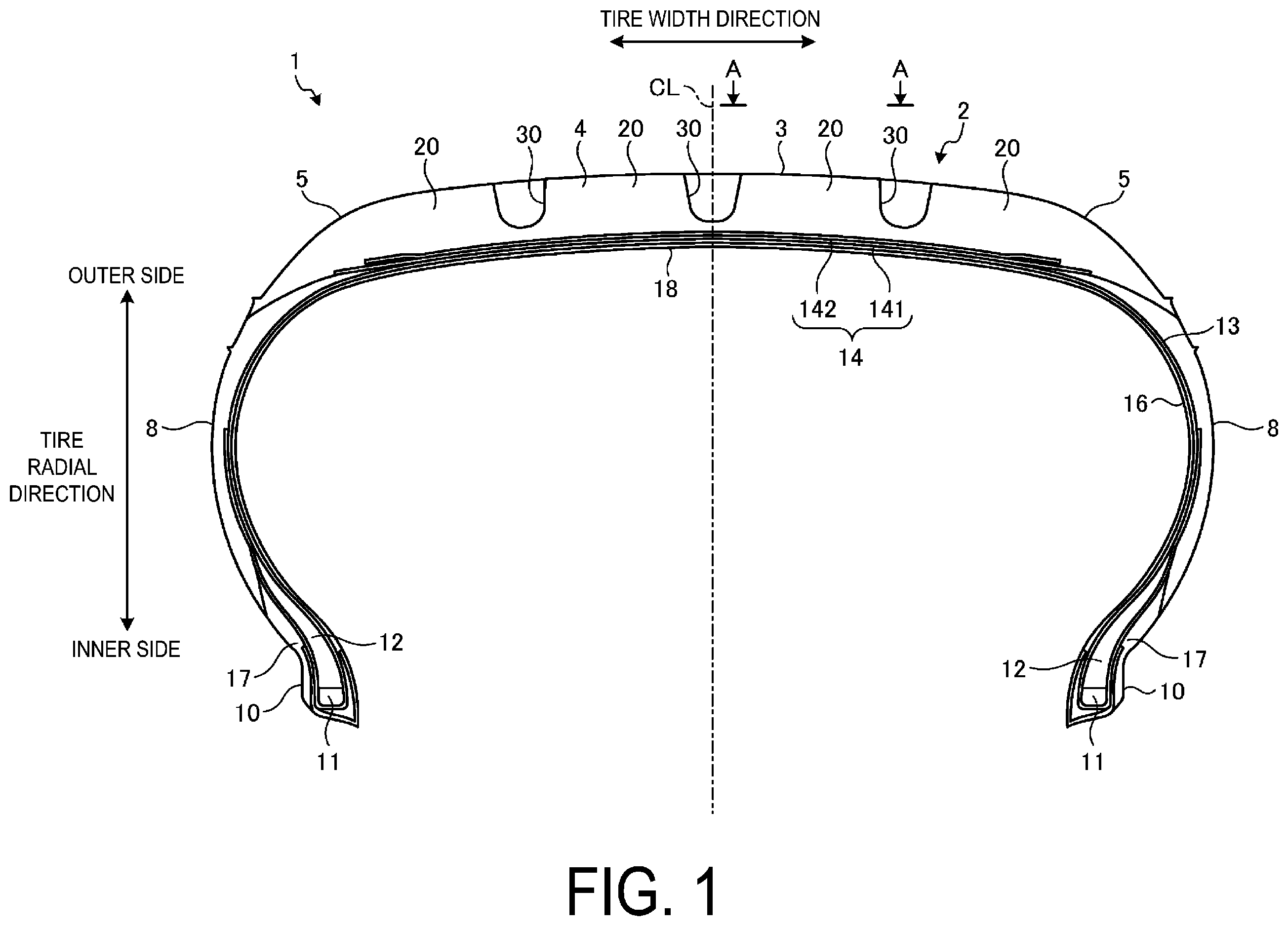 Patent US12508848 — Pneumatic tire — Figure 1