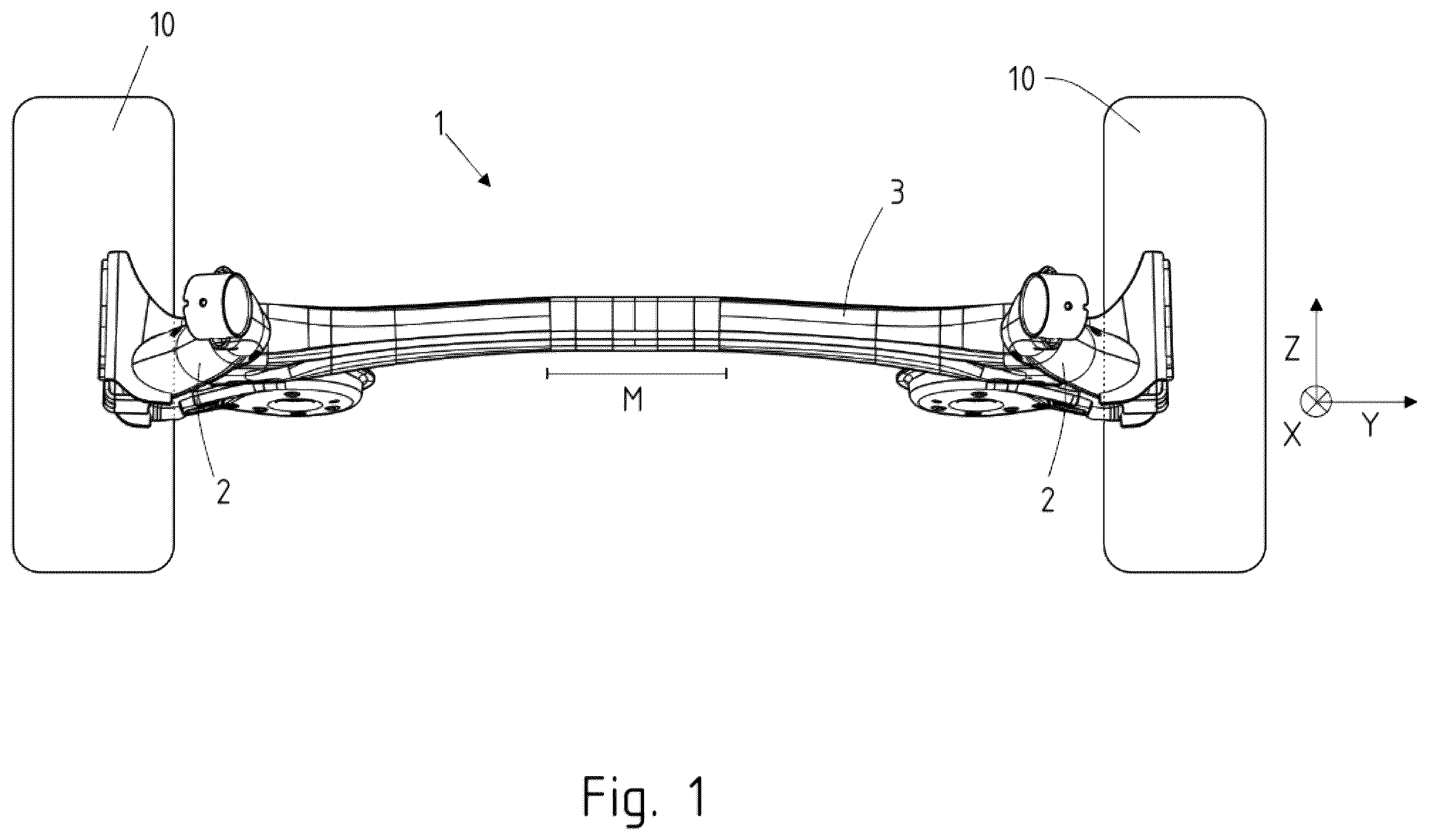Patent US12508863 Figure 1 – Twist beam axle for a motor vehicle