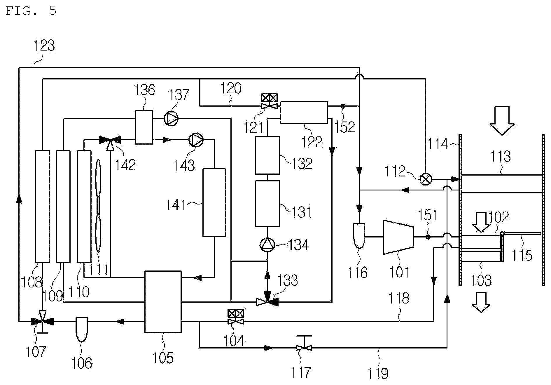 Patent US12508877 Figure 5 – Heat pump system for vehicle and method for controlling same