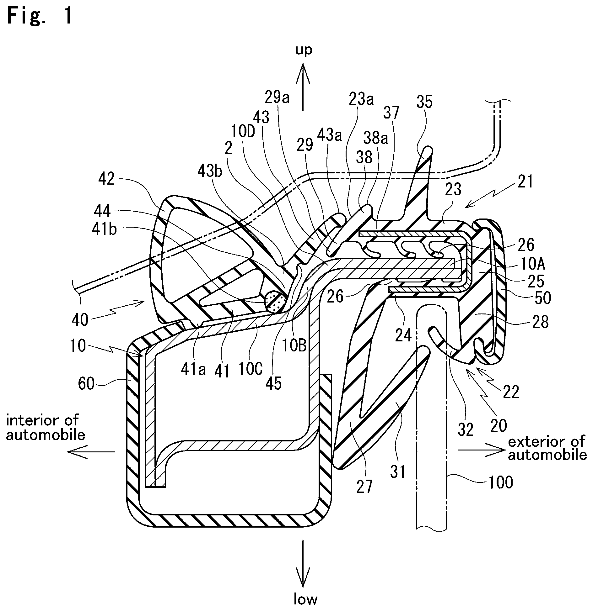 Patent US12508888 Figure 1 – Sealing structure for door of automobile