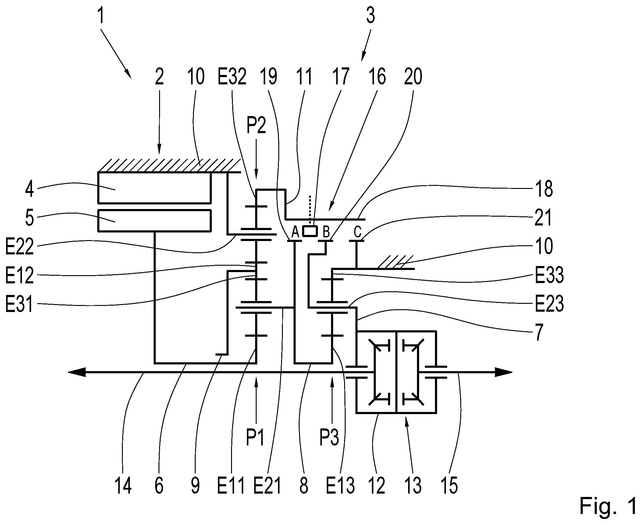 Patent US12508892 Figure 1 – Motor vehicle transmission for an at least partially electrically driven motor vehicle