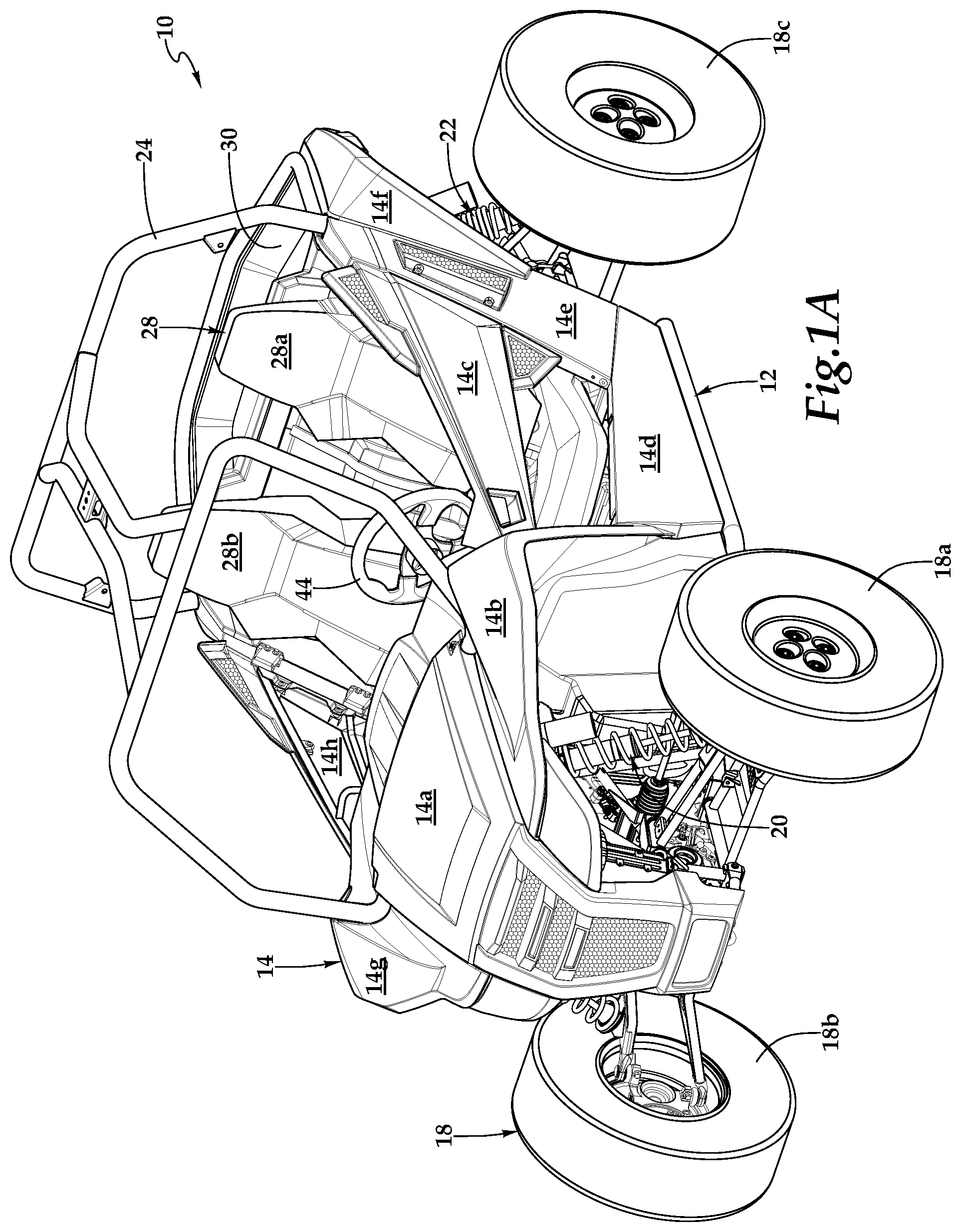 Patent US12508895 Figure 1 – Off-road vehicle having an aftwardly pivotable radiator