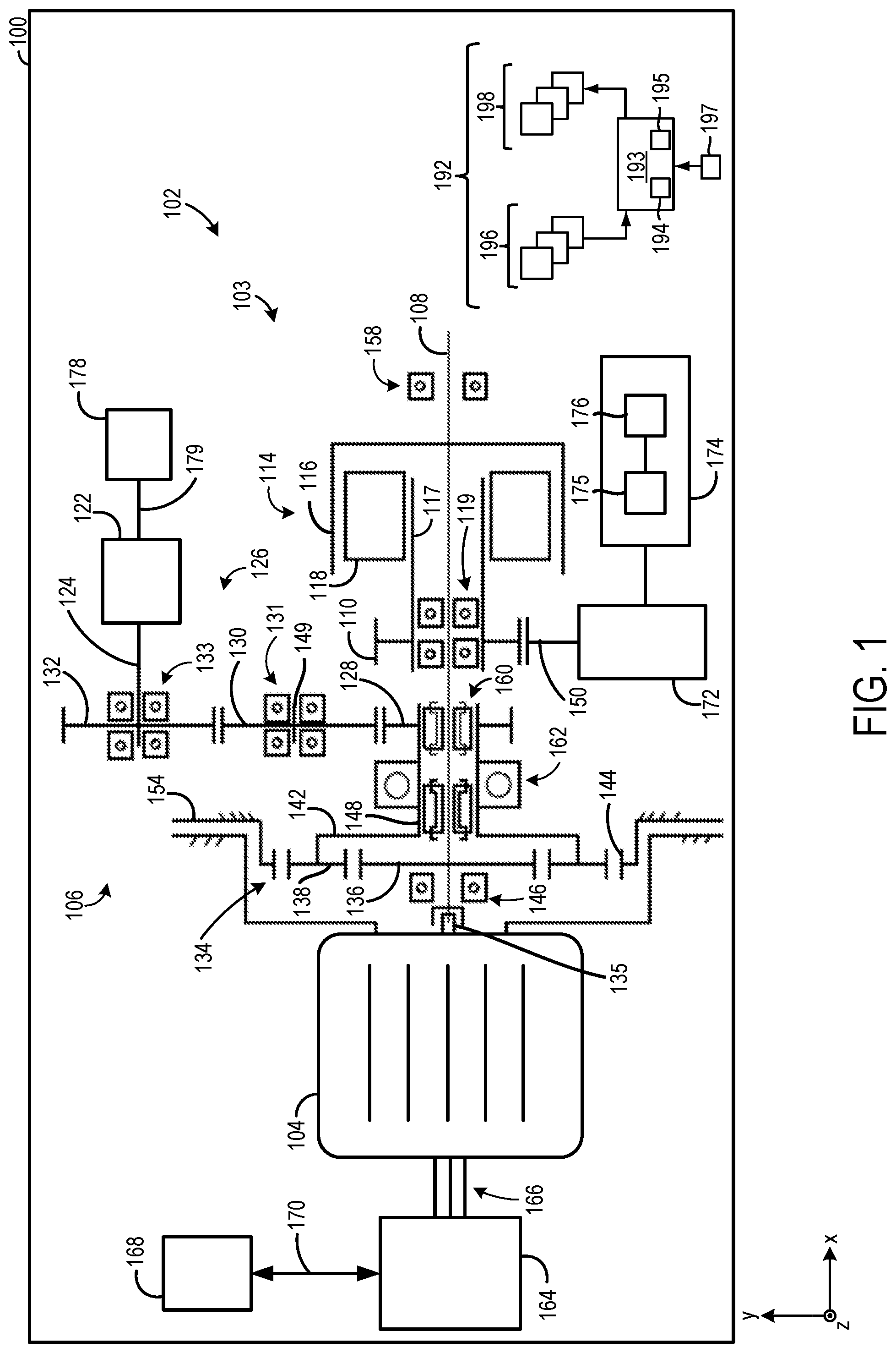 Patent US12508899 Figure 1 – Powertrain system with power take-off (PTO) and reduction planetary gear set