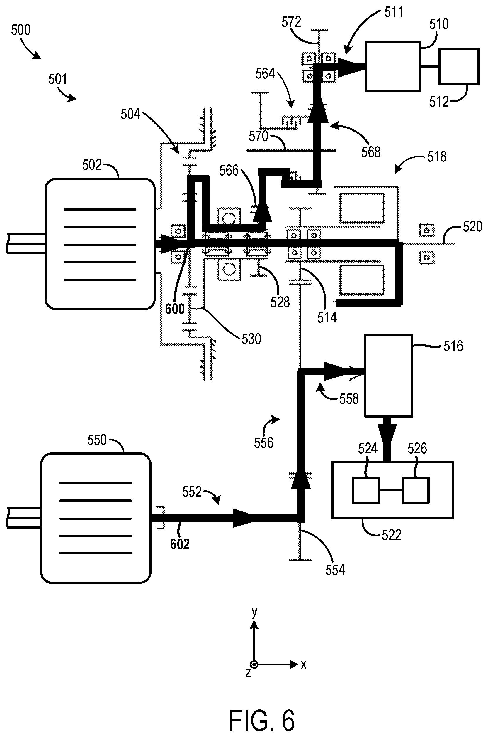 Patent US12508899 Figure 5 – Powertrain system with power take-off (PTO) and reduction planetary gear set