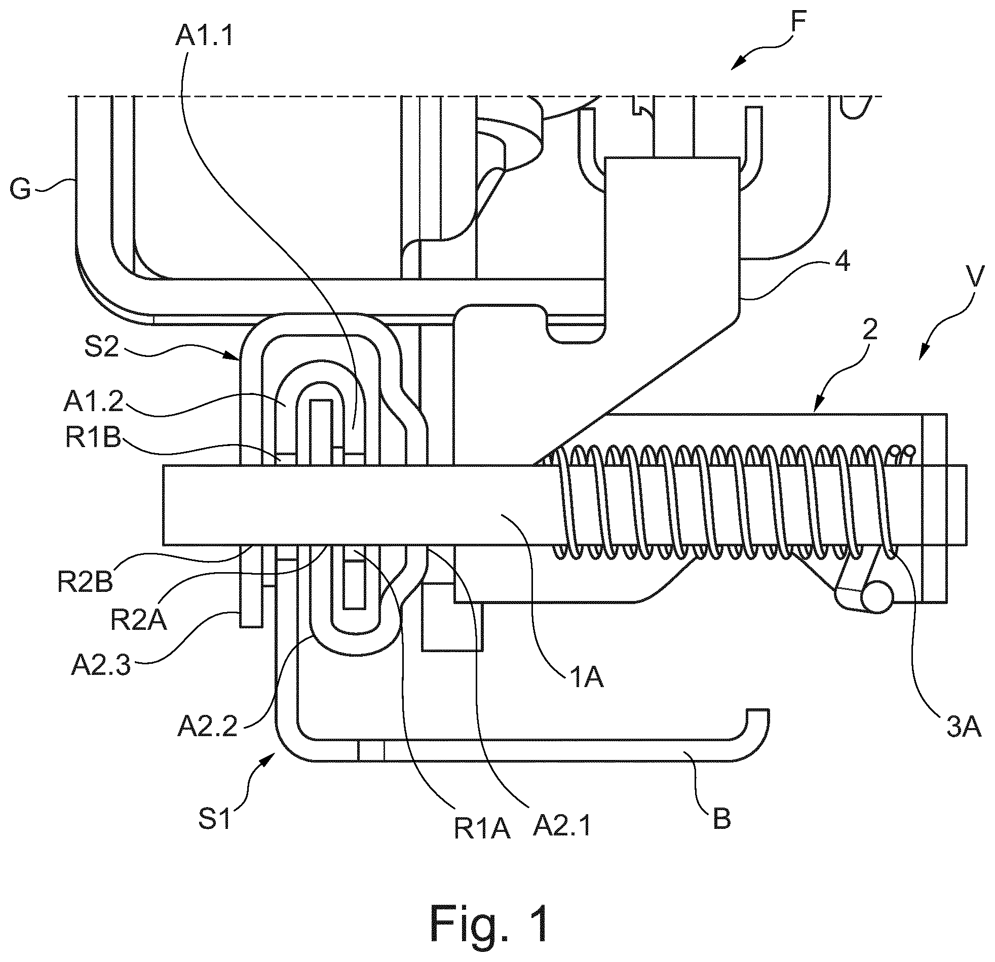 Patent US12508957 Figure 1 – Locking device for a vehicle seat, comprising a securing section that secures a locking element in a locking position in a positive manner