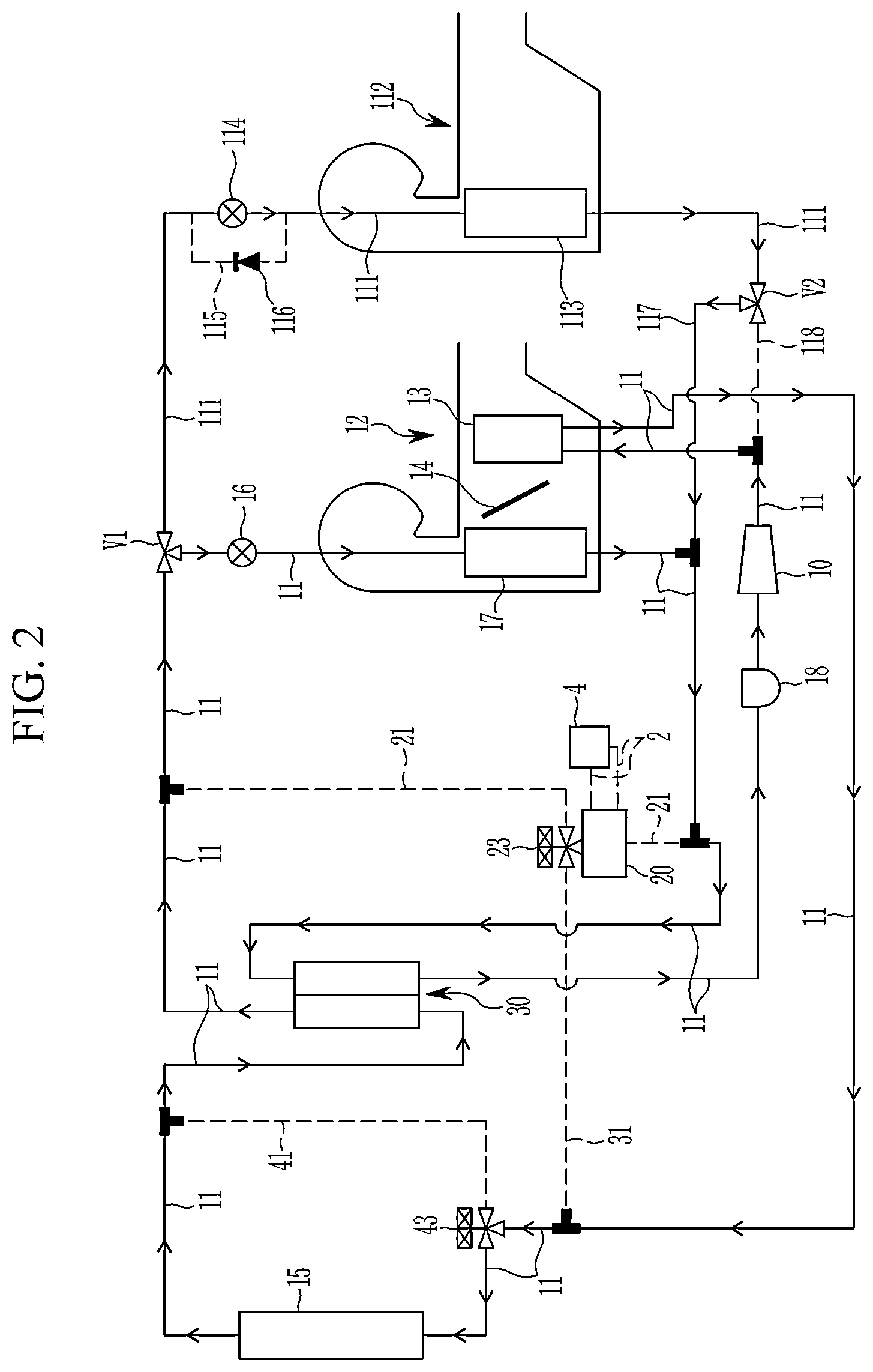 Patent US12508963 Figure 2 – Heat pump system for a vehicle