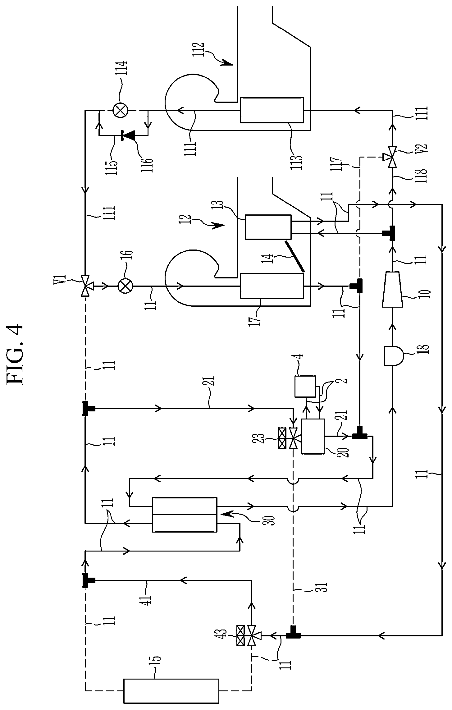 Patent US12508963 Figure 4 – Heat pump system for a vehicle