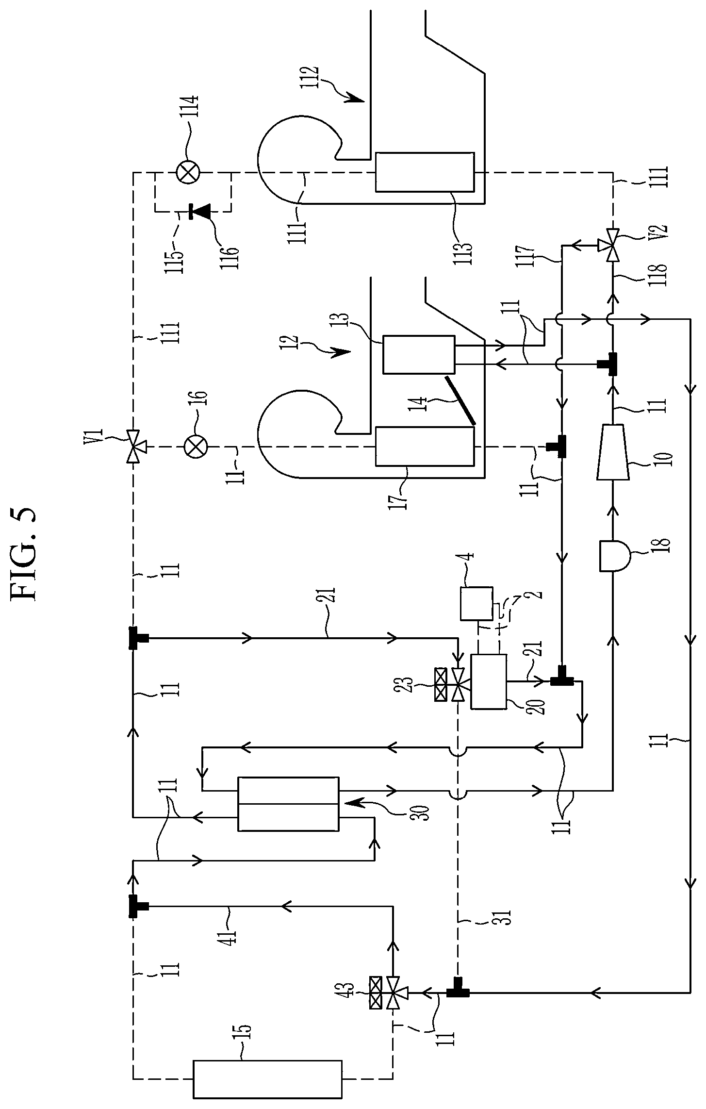 Patent US12508963 Figure 5 – Heat pump system for a vehicle