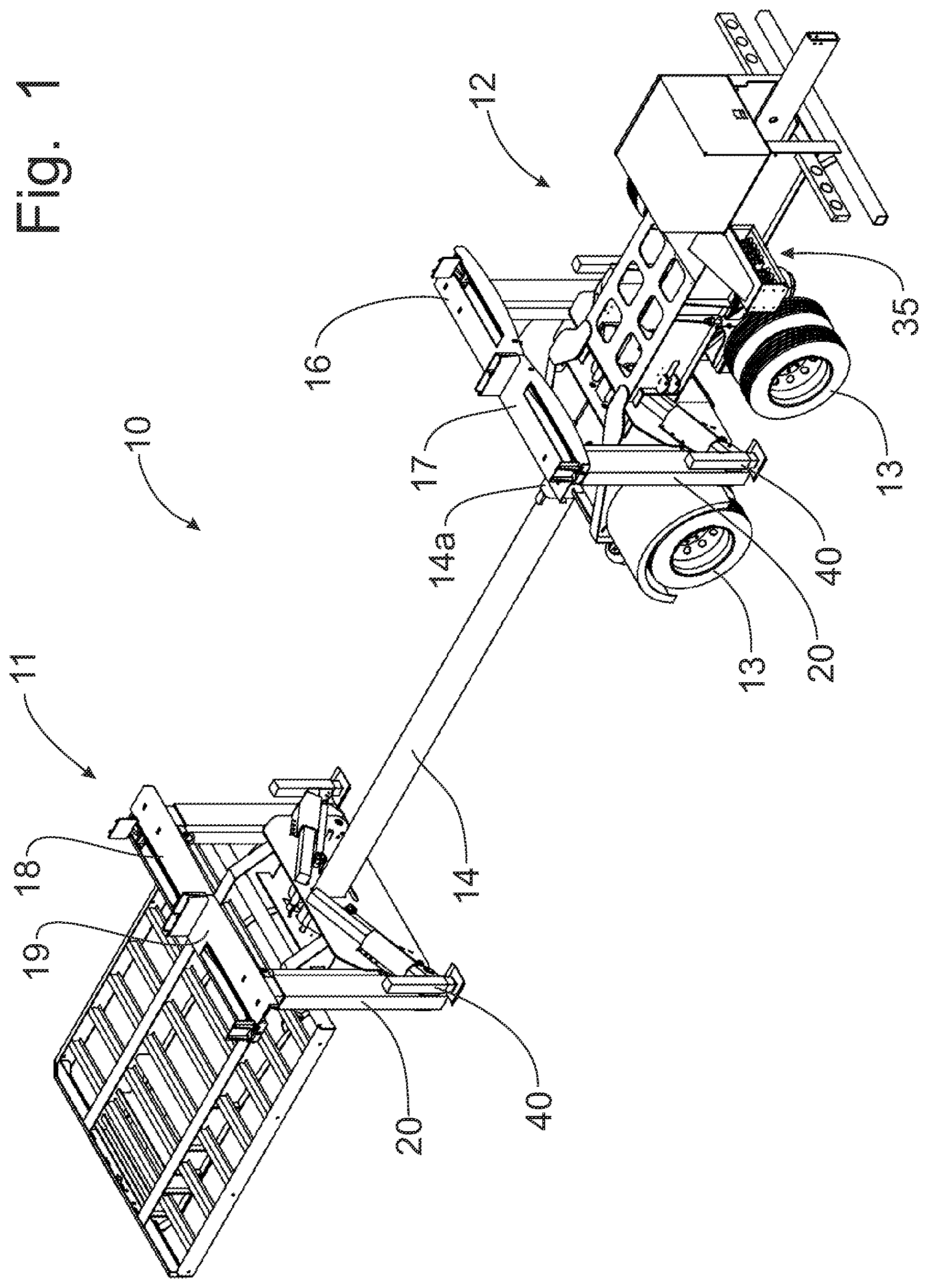 Patent US12508973 Figure 1 – Trailer for transporting and discharging building trusses
