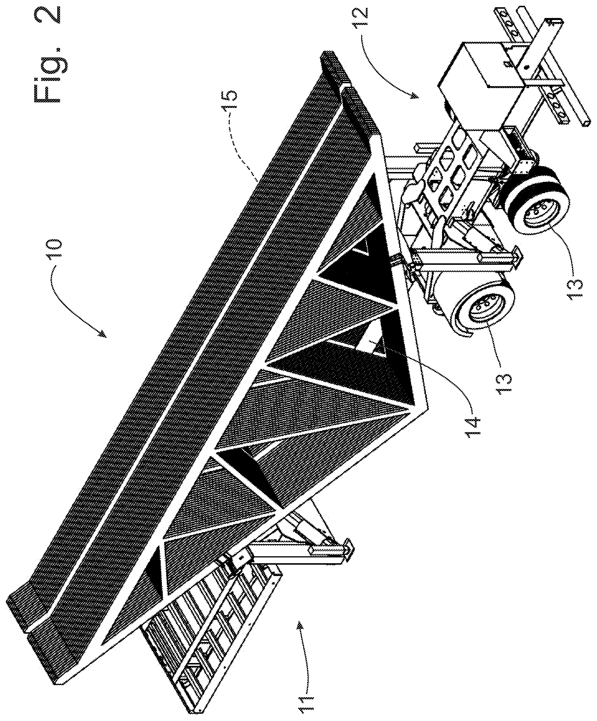 Patent US12508973 Figure 2 – Trailer for transporting and discharging building trusses