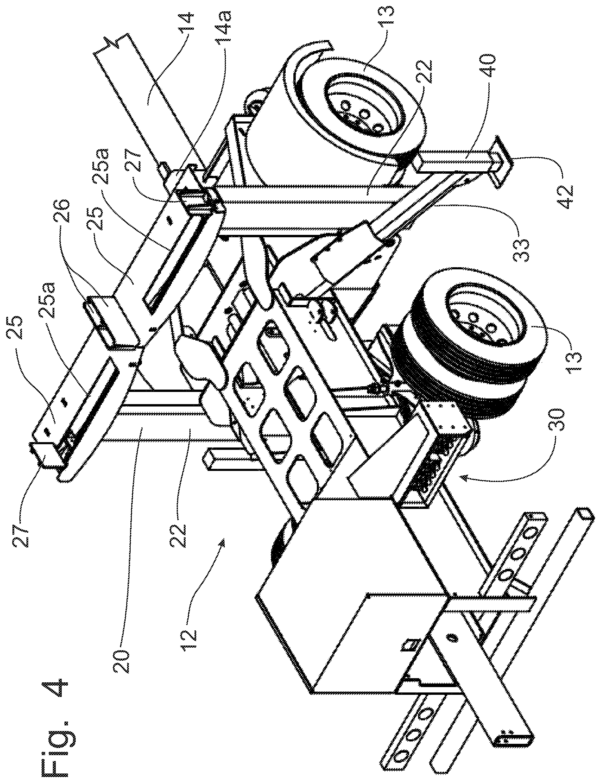 Patent US12508973 Figure 4 – Trailer for transporting and discharging building trusses