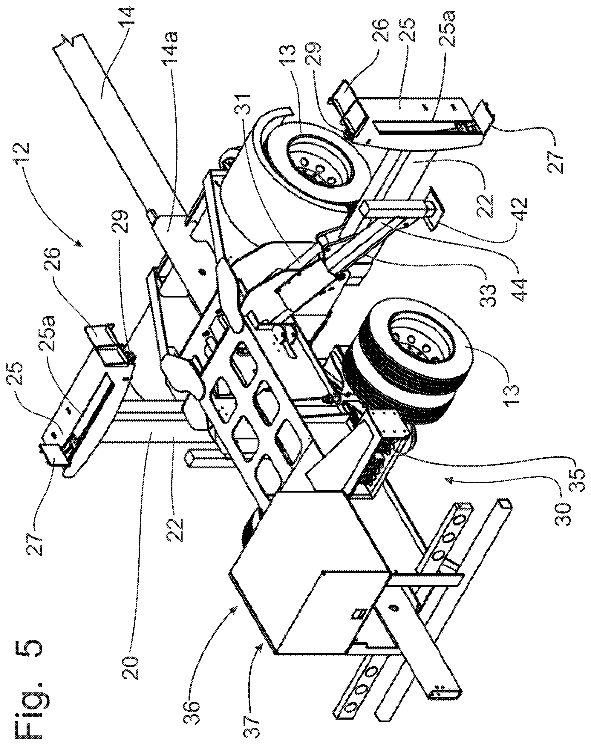 Patent US12508973 Figure 5 – Trailer for transporting and discharging building trusses