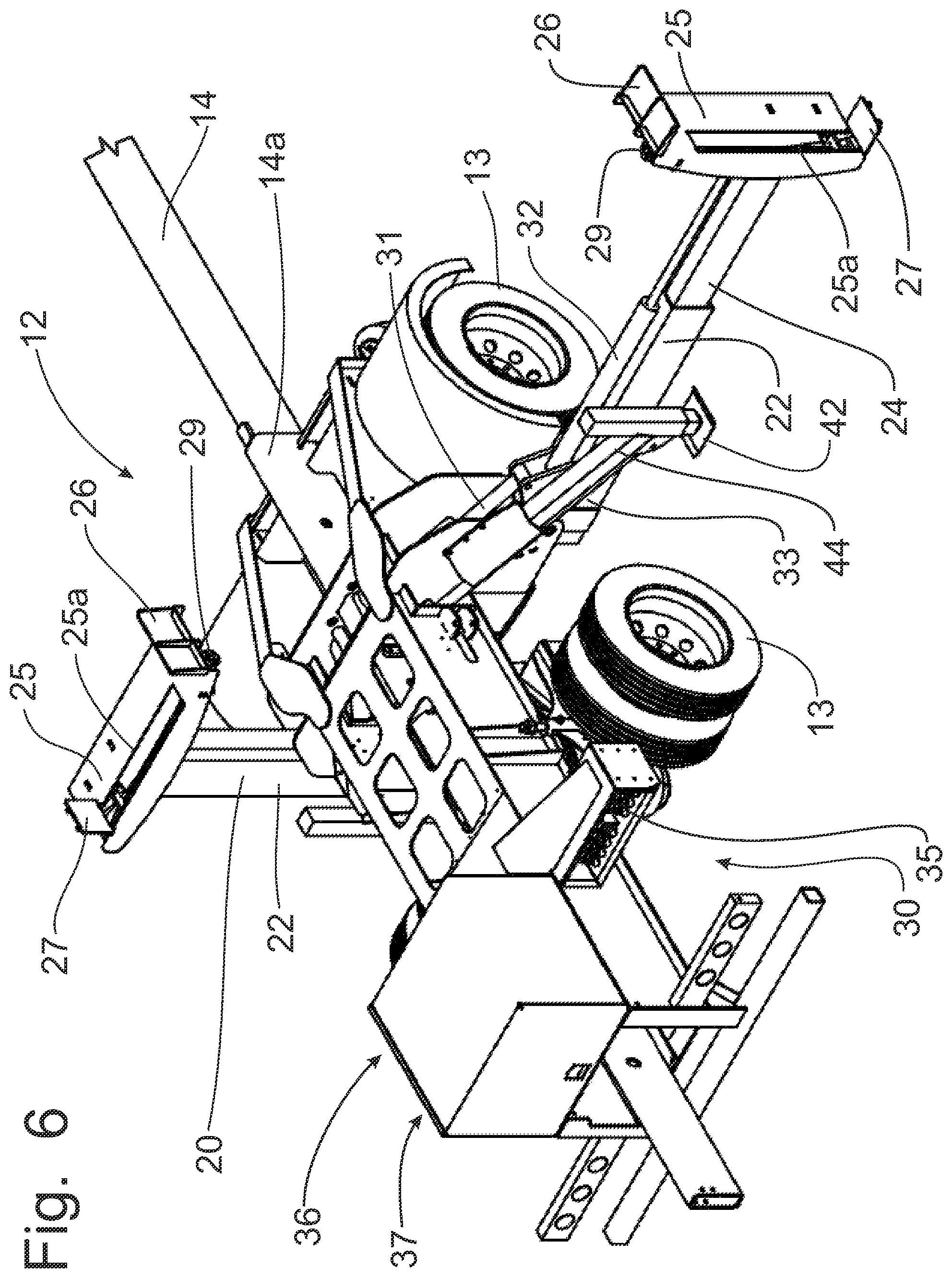 Patent US12508973 Figure 6 – Trailer for transporting and discharging building trusses