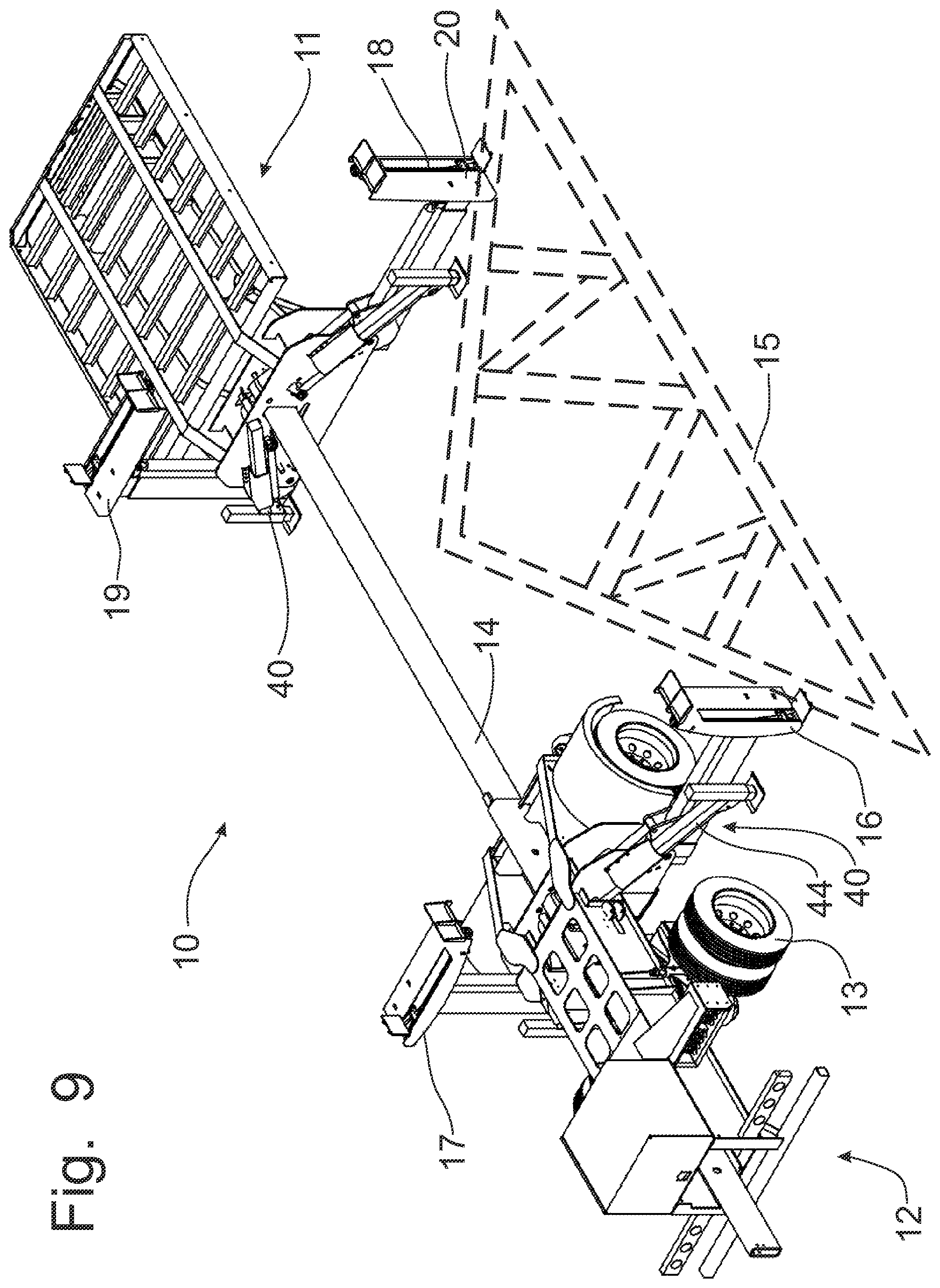 Patent US12508973 Figure 9 – Trailer for transporting and discharging building trusses