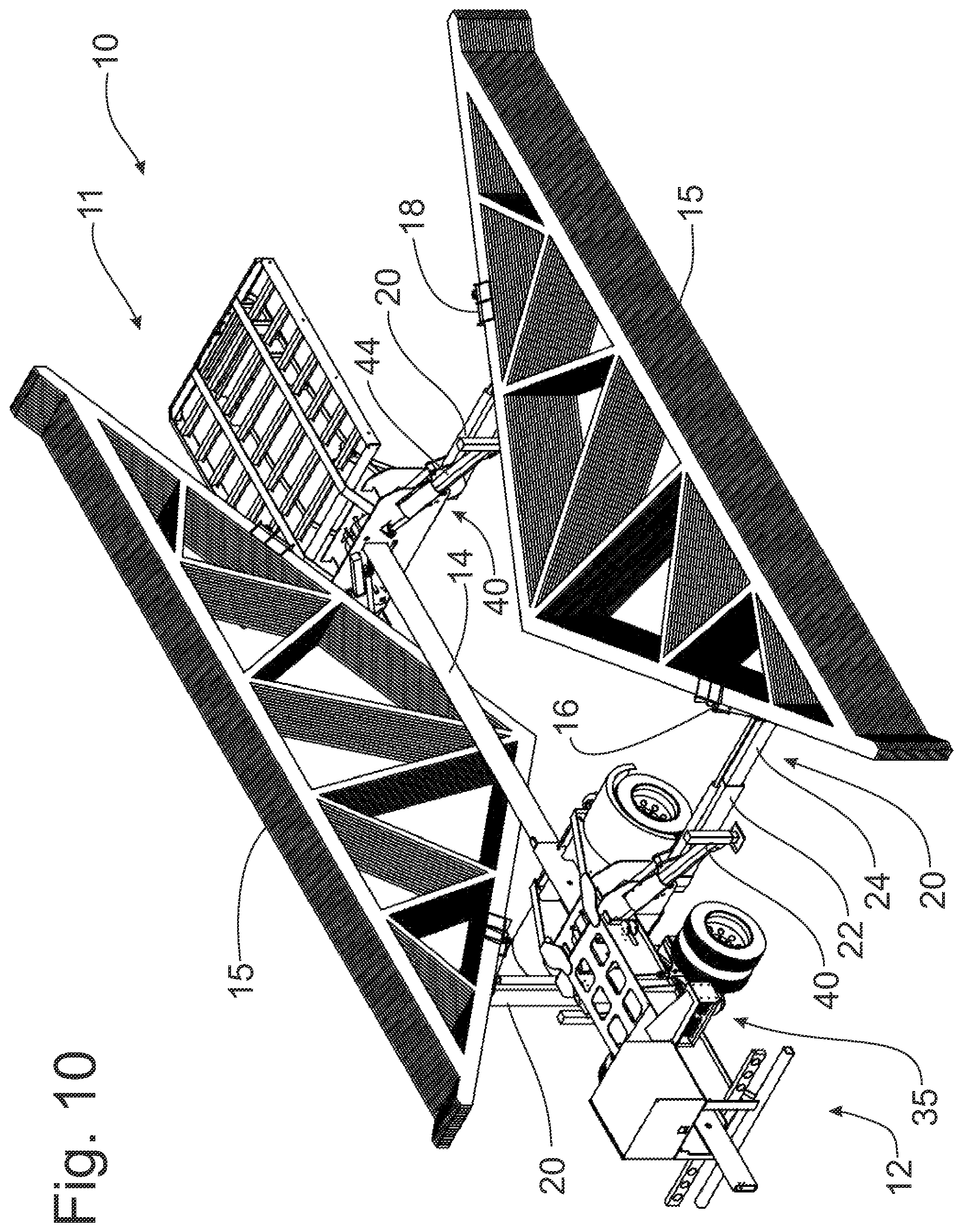 Patent US12508973 Figure 10 – Trailer for transporting and discharging building trusses