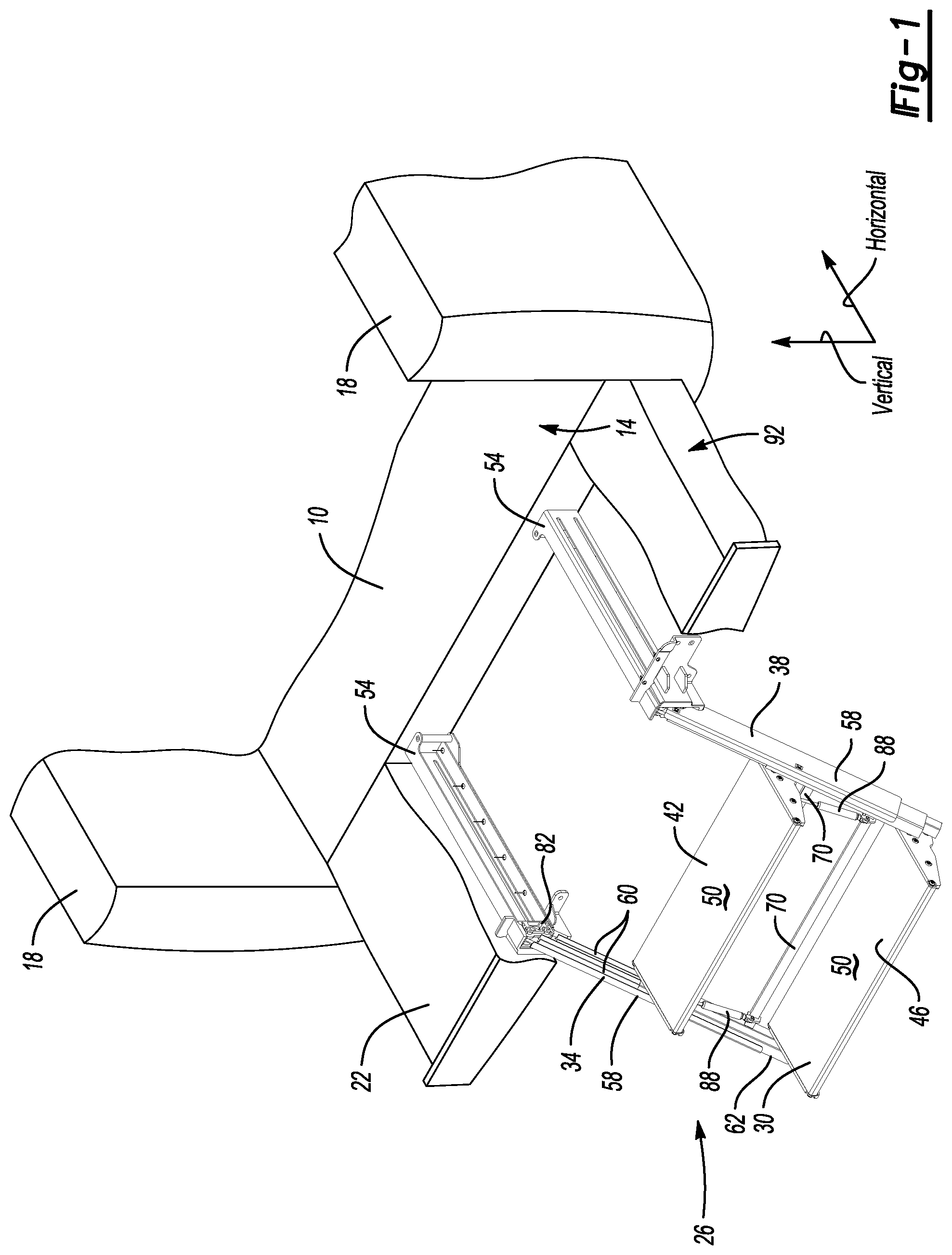 Patent US12508995 Figure 1 – Vehicle cargo bed systems including a stair assembly, a load stop, or both